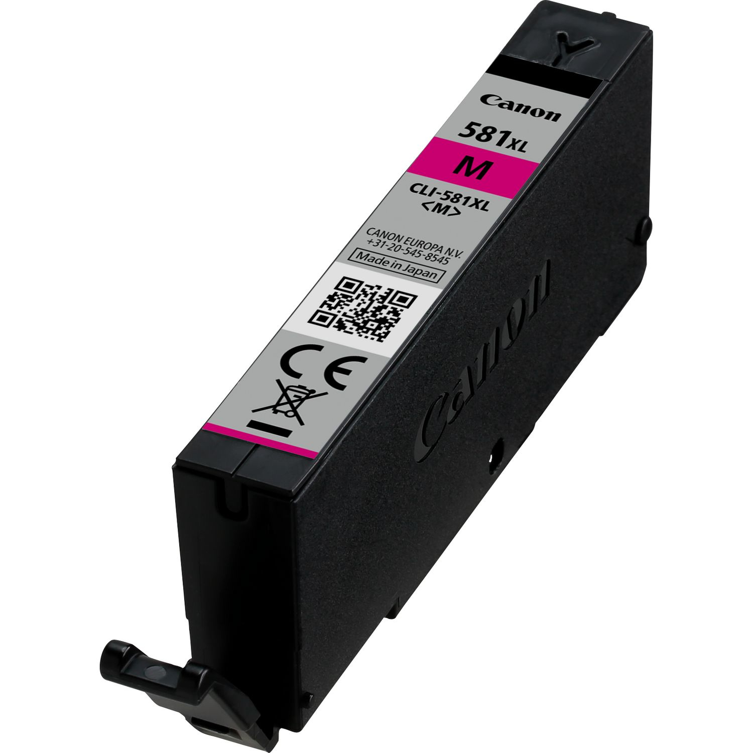 Cartuccia d'inchiostro Canon nera con etichetta magenta. Ha il logo Canon e i dettagli del prodotto.