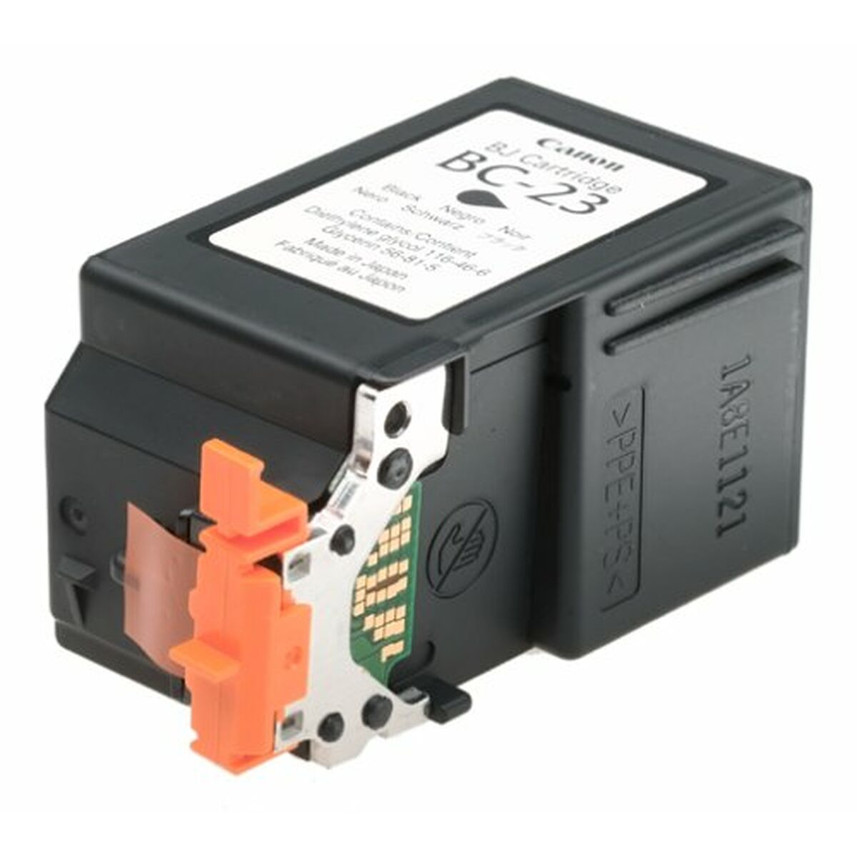 Cartucho de tinta negro Canon BC-23. Colores negro y naranja.