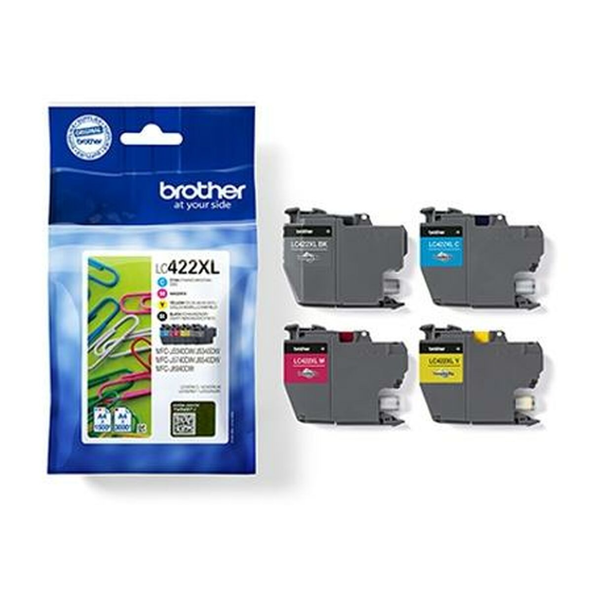 Cartucce d'inchiostro Brother in confezione di plastica. Sono disponibili in nero, ciano, magenta e giallo.