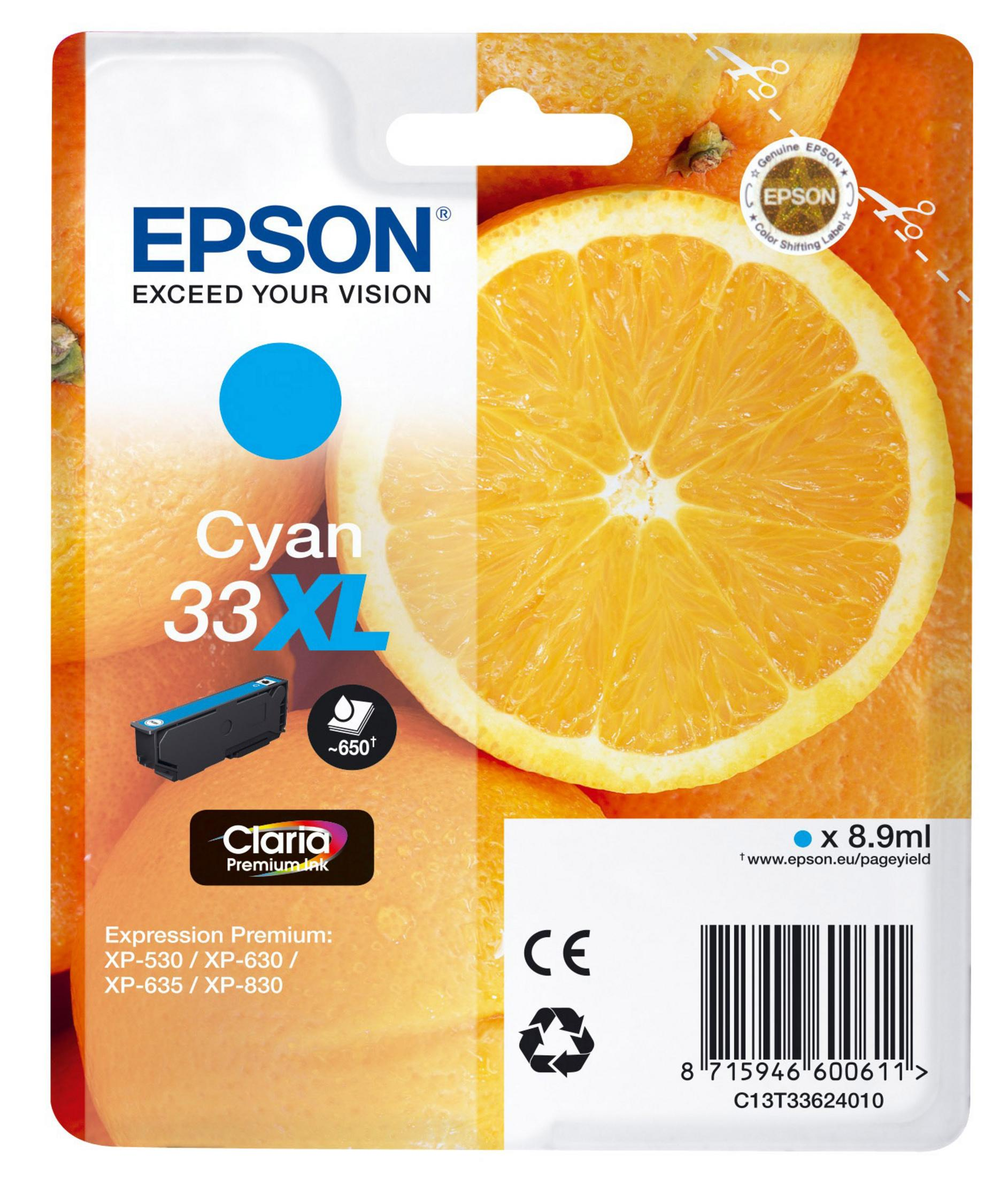 Cartuccia d'inchiostro Epson Cyan 33XL con arance sullo sfondo. Ha un punto di inchiostro blu.