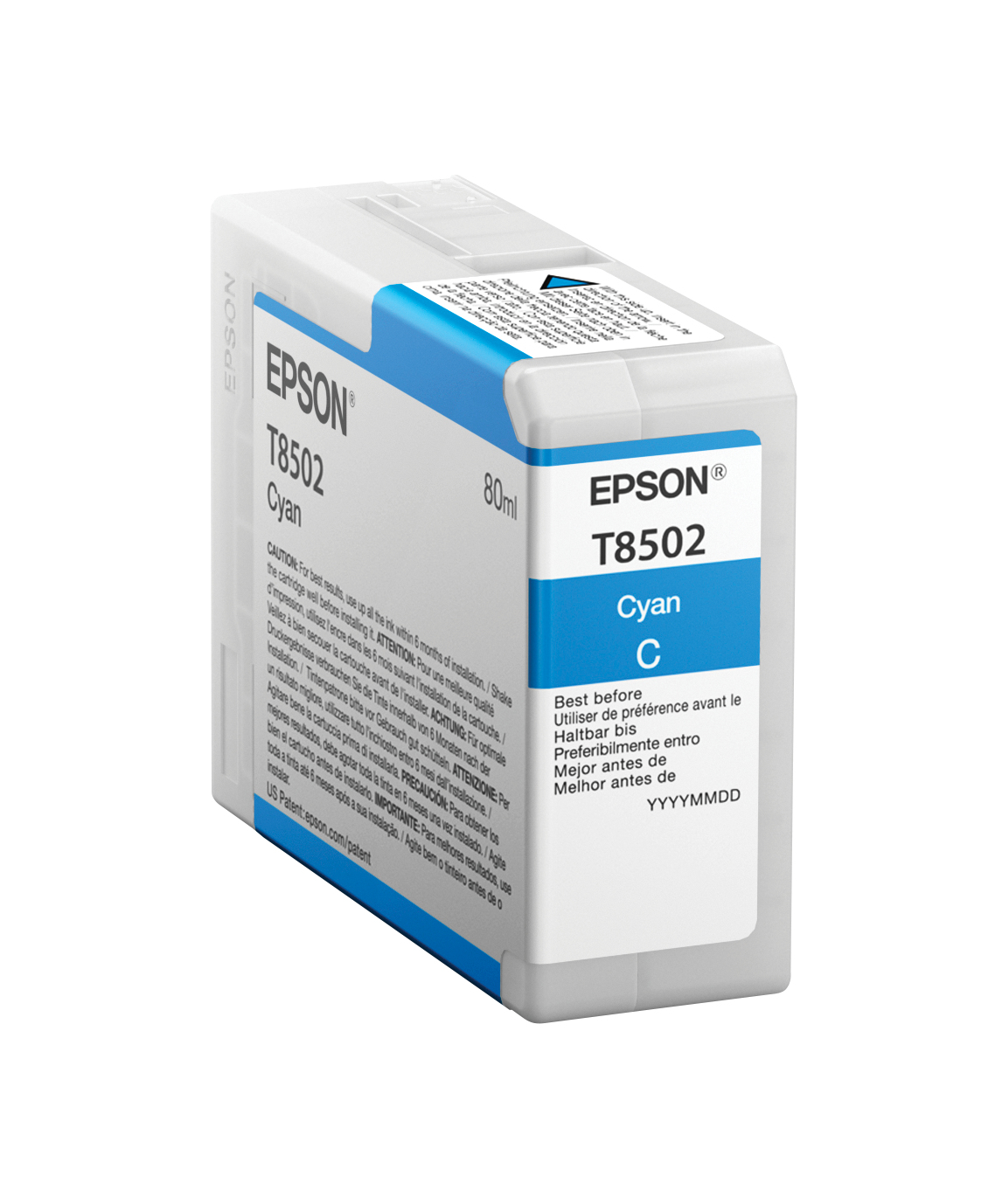 Epson T8502 Cyan Tintenpatrone. Cyanfarbige Tinte. Weißer Hintergrund.