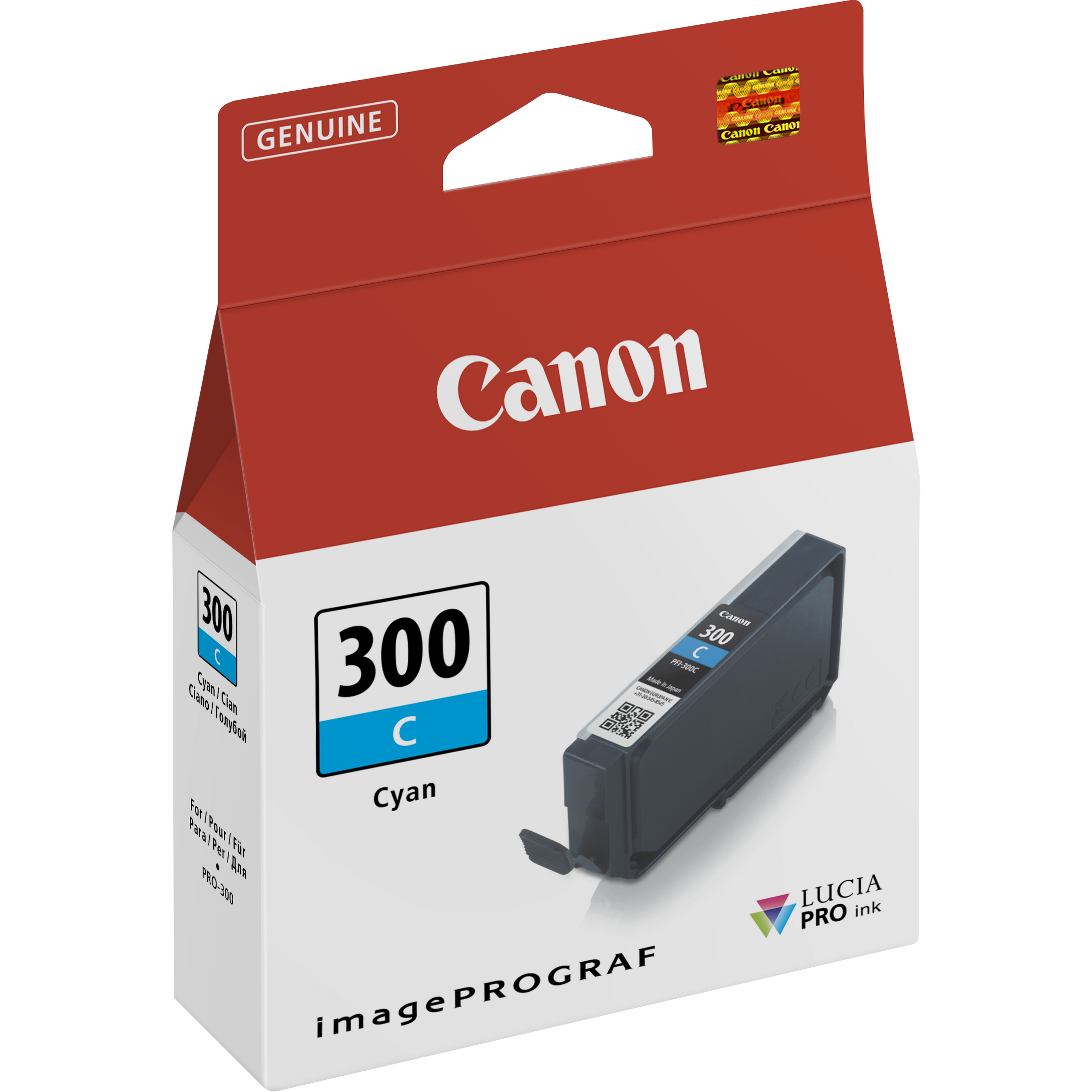 Canon imagePROGRAF 300C cyjanowy wkład atramentowy z pudełkiem, białe tło.