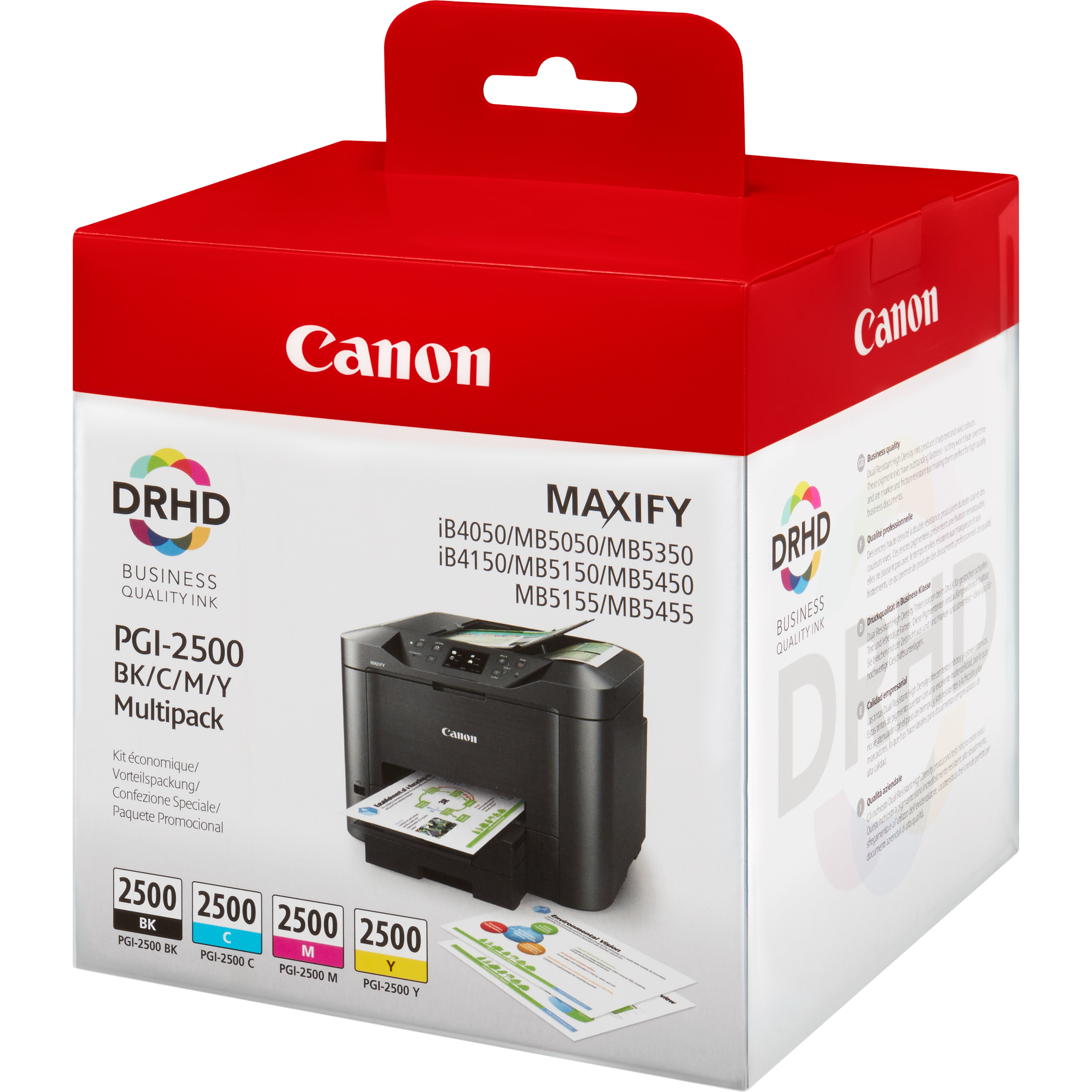 Drukarka Canon Maxify z pudełkiem z wkładami i wkładami.