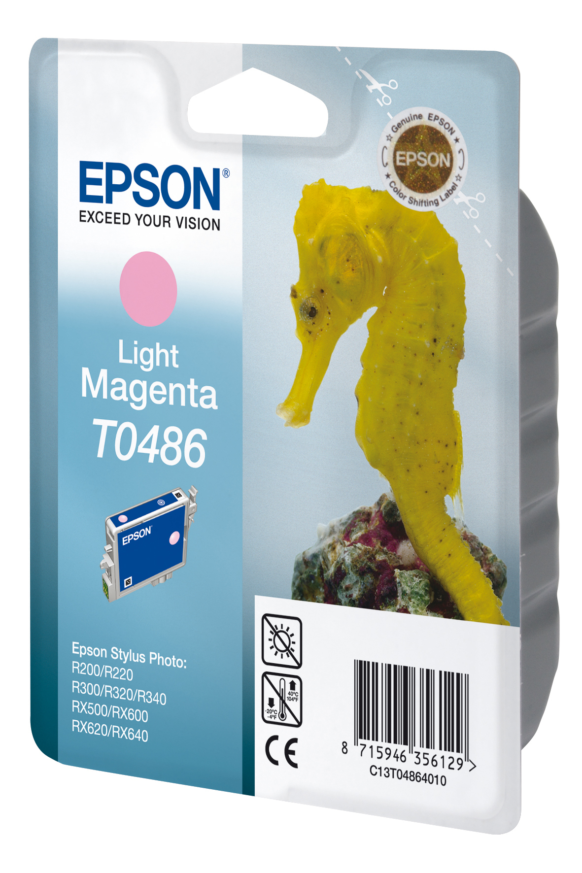 Epson Tintenpatronenverpackung mit rosa Kreis und Seepferdchenbild, mit der Patrone.