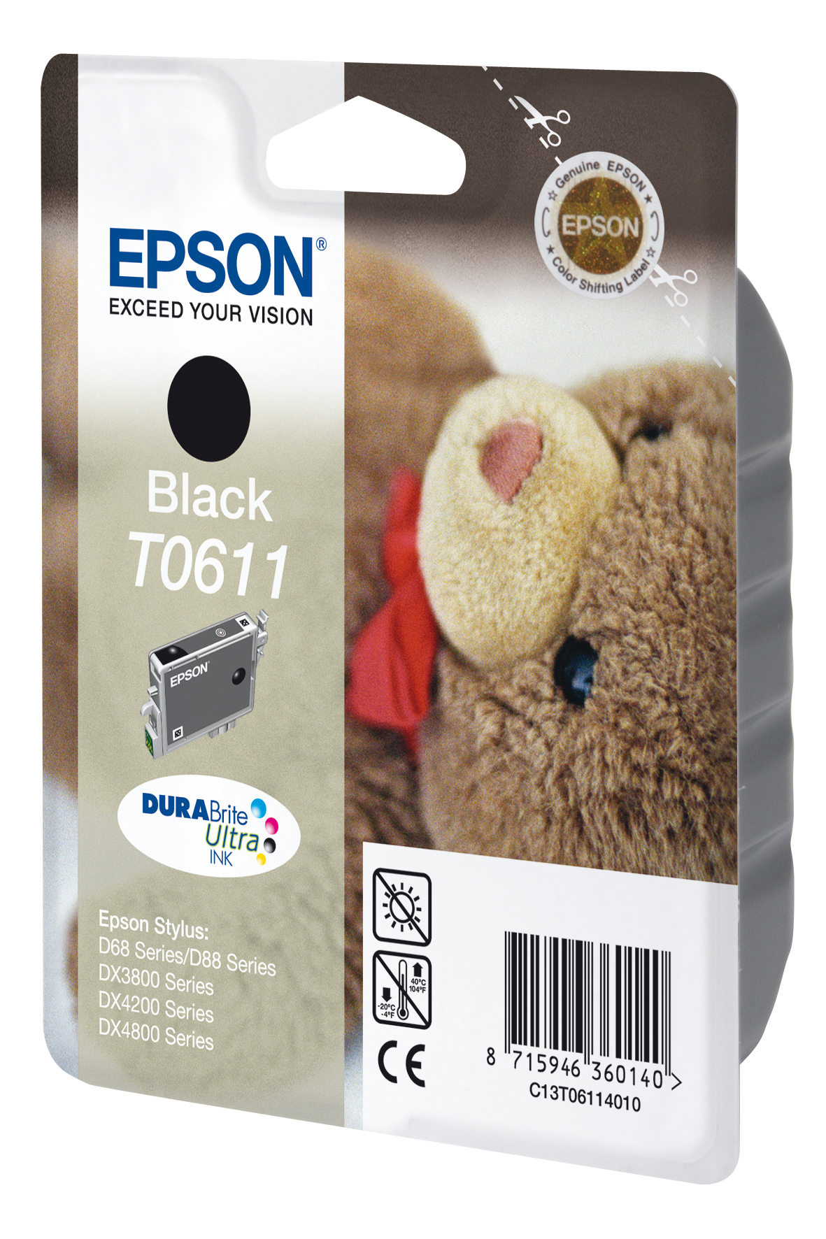 Epson schwarze Tintenverpackung mit Bärenbild und Tintenpatrone auf weißem Hintergrund.