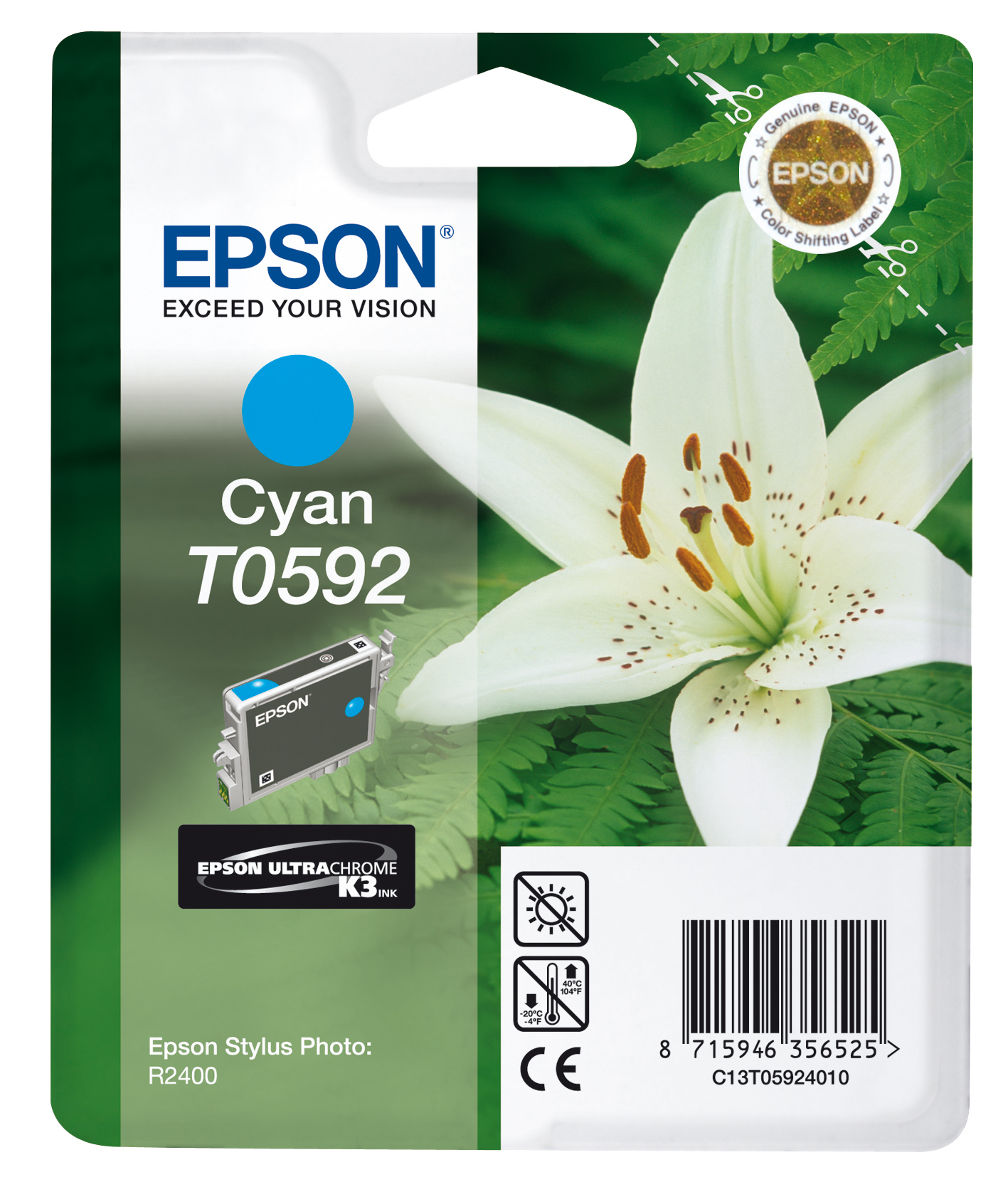Cartucho de tinta Epson Cyan con flor blanca y hojas verdes. Etiqueta con detalles de color.