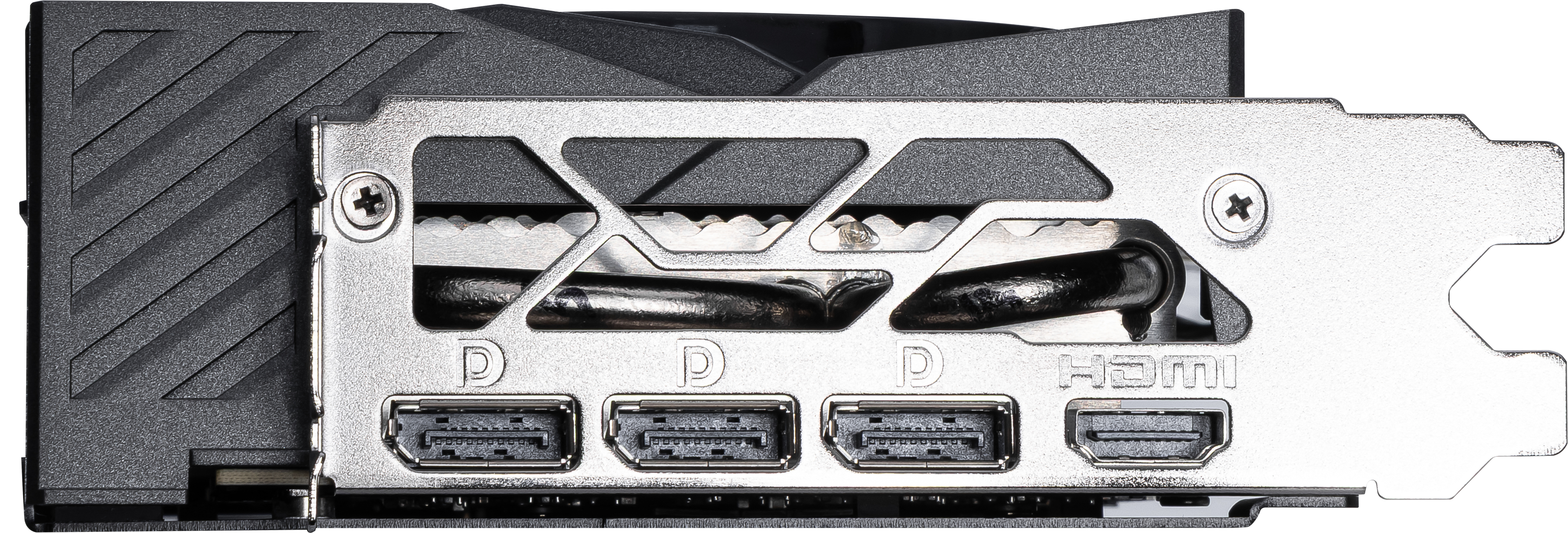 Zbliżenie tyłu karty graficznej, pokazujące porty: DisplayPort i HDMI. Metalowa konstrukcja.