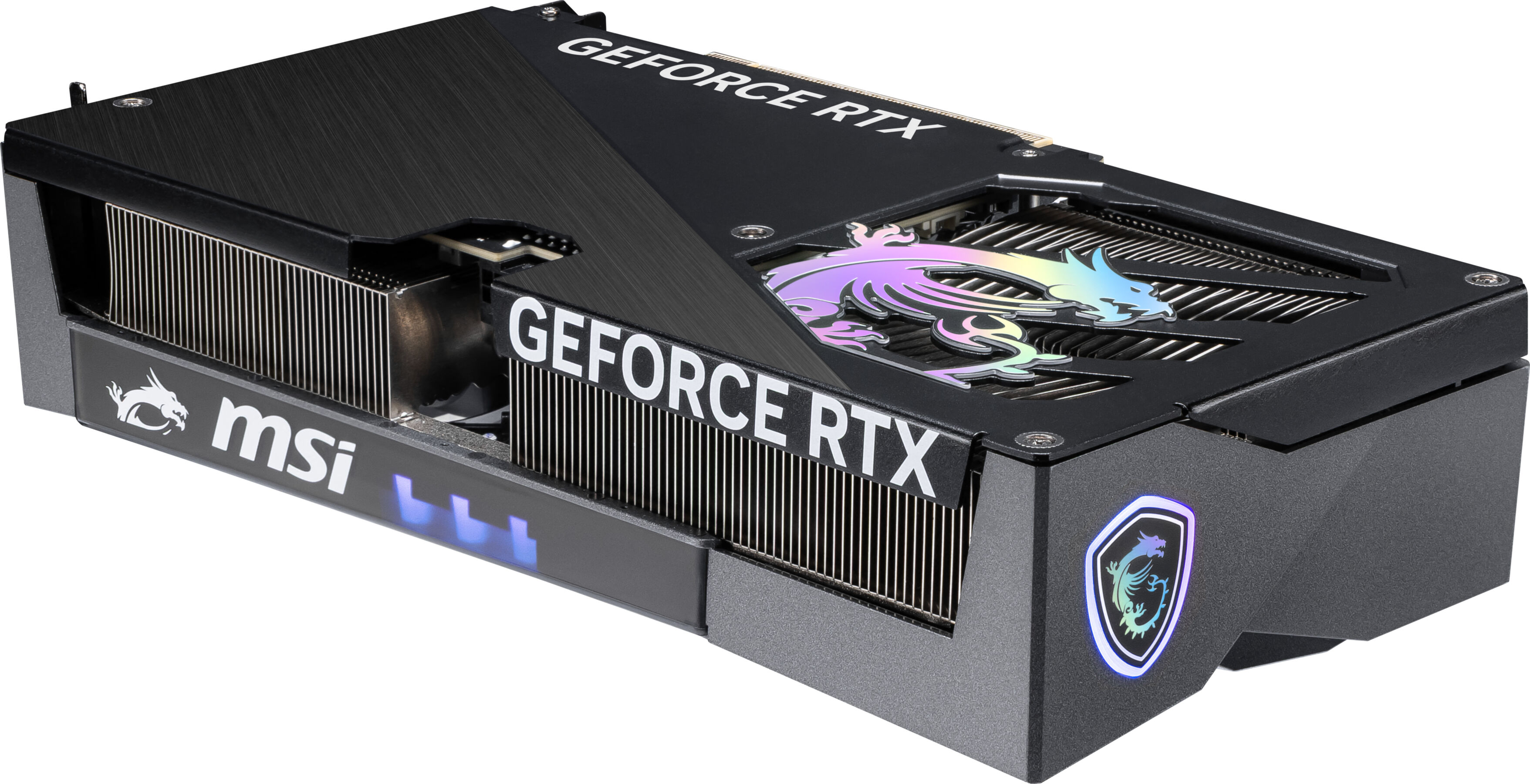Czarna karta graficzna MSI GeForce RTX. Posiada 'GEFORCE RTX' i logo smoka MSI. Czarna i srebrna.