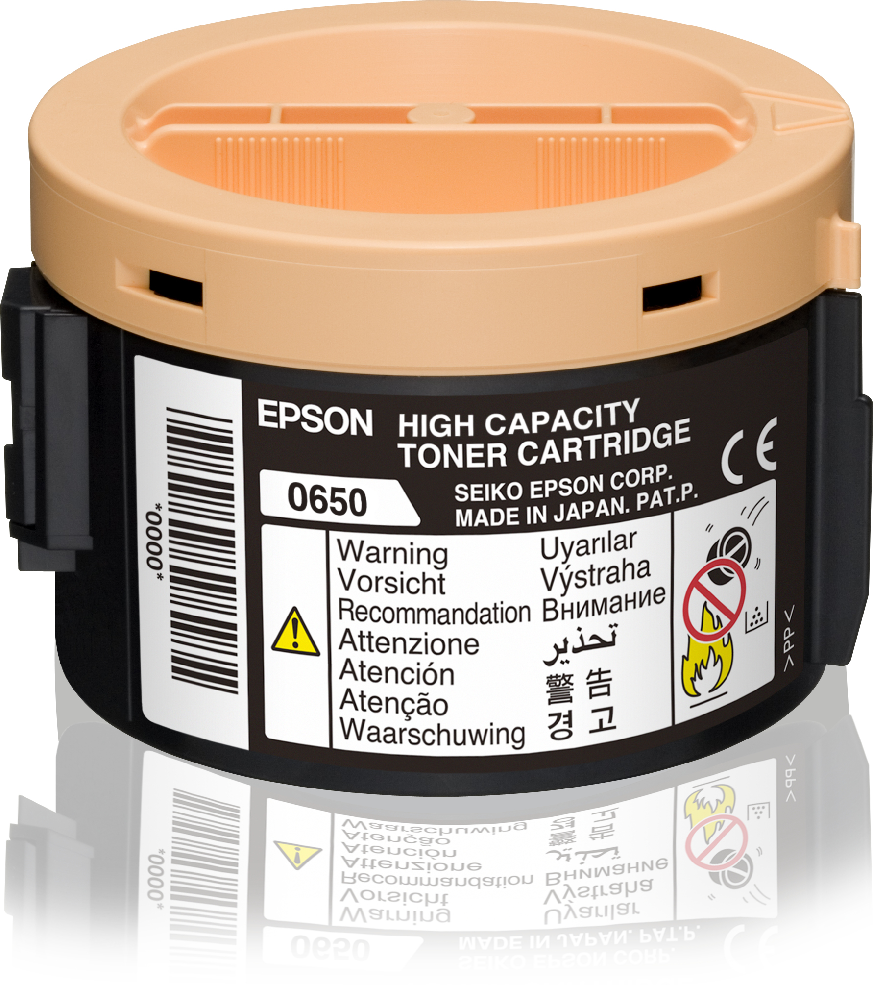 Una cartuccia toner ad alta capacità Epson. La cartuccia è nera, con parte superiore beige ed etichette di avvertimento.