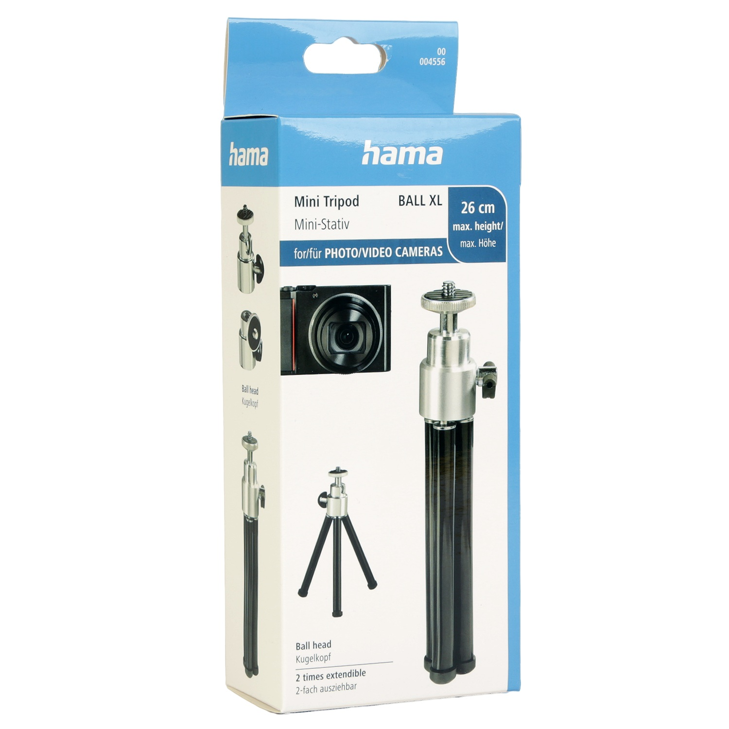 Ein Hama Mini-Stativ in einer blauen Box. Die Box zeigt Illustrationen des Stativs und der Kamera.