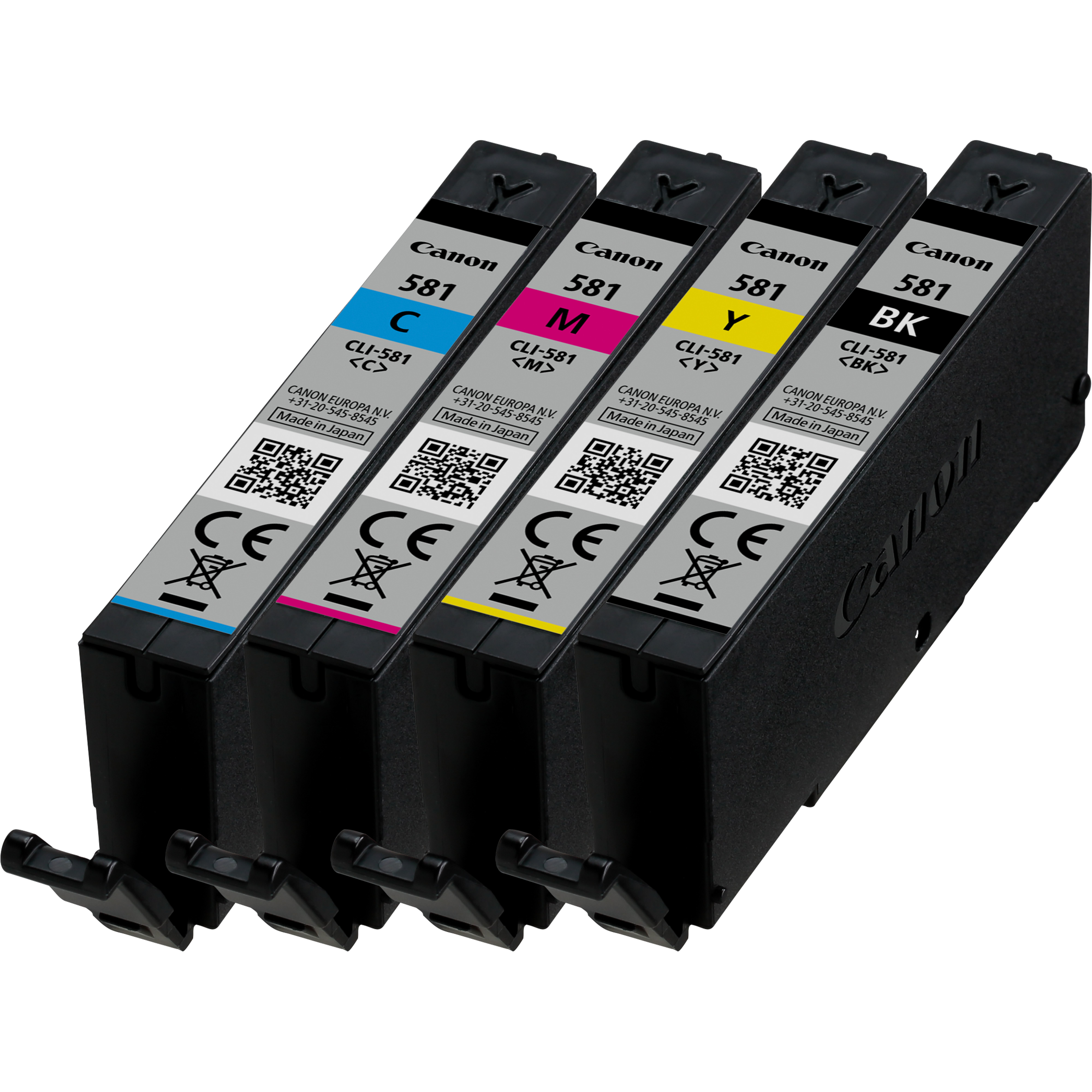 Canon Tintenpatronen: Cyan, Magenta, Gelb und Schwarz. Schwarzer Patronenkörper.