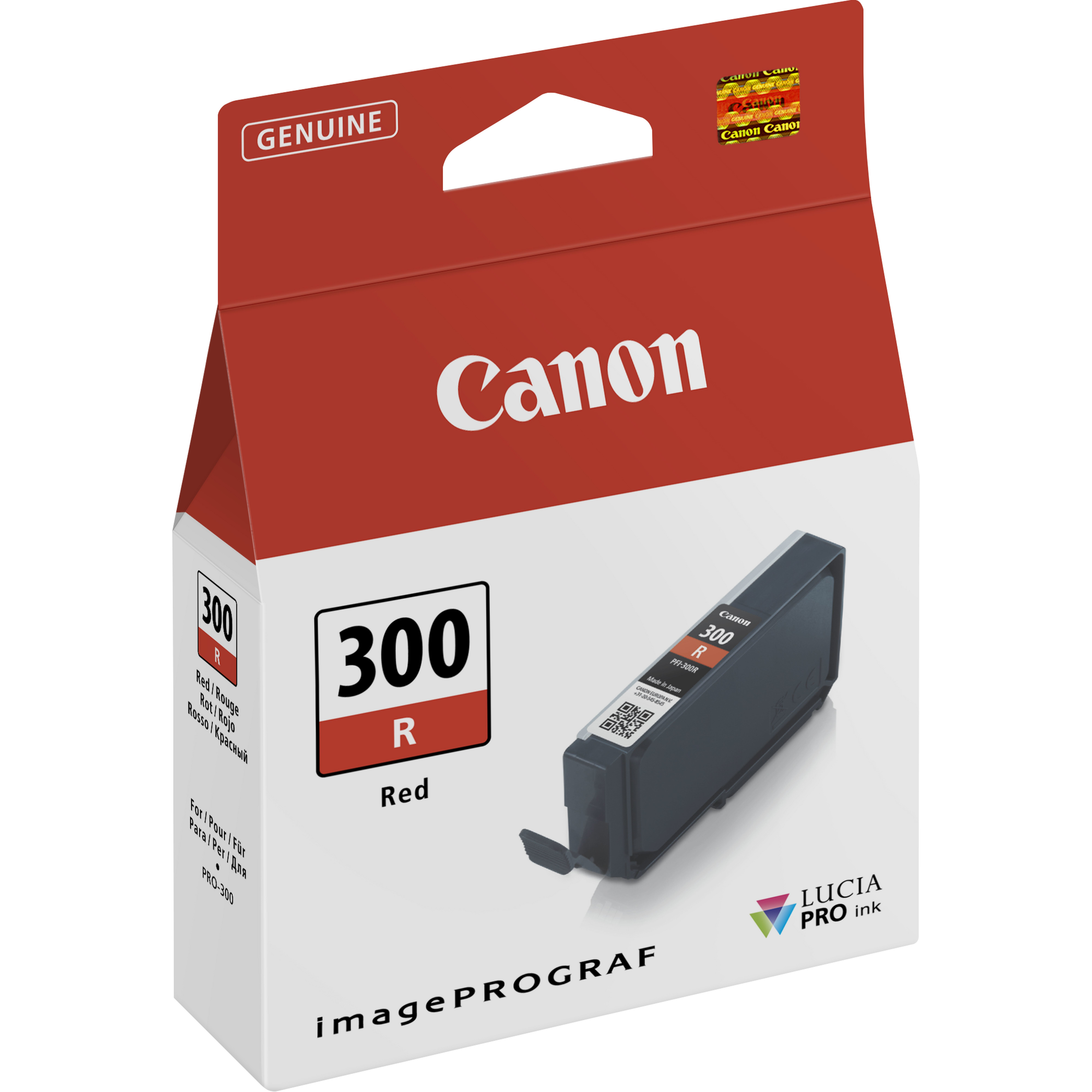 Czerwone pudełko z wkładem atramentowym Canon 300R. Pudełko pokazuje wkład z danymi produktu.