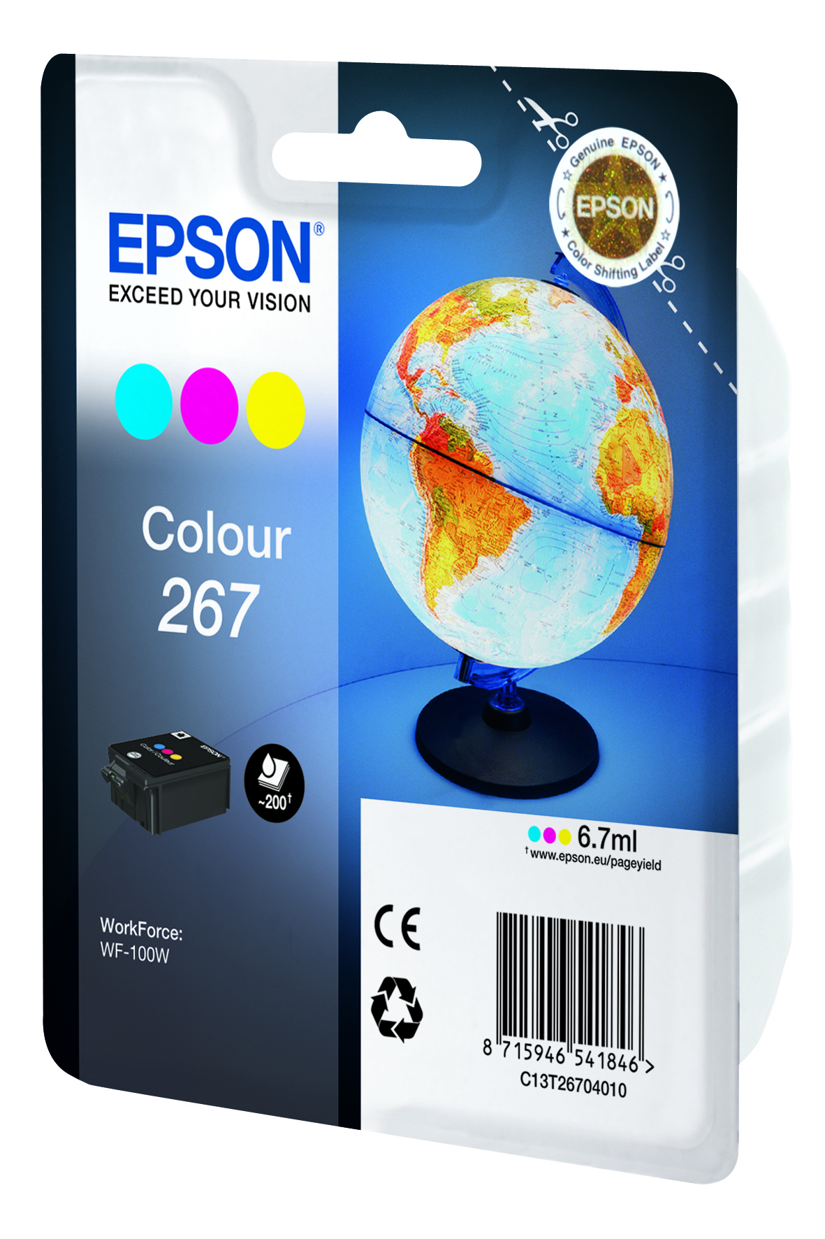 Emballage de cartouche d'encre Epson. Globe et encres couleur.
