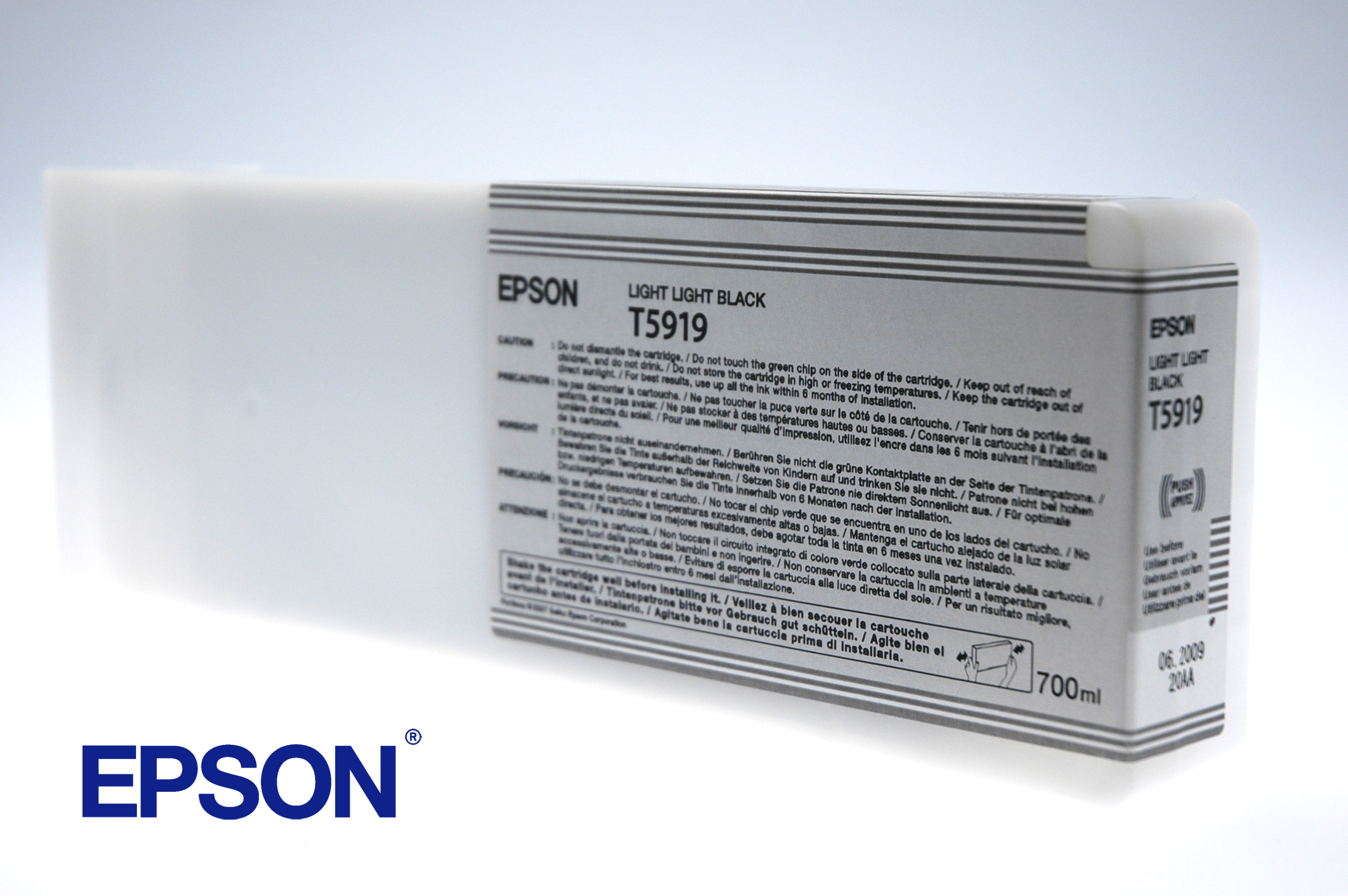 Cartuccia d'inchiostro Epson T5919. Contenitore bianco con testo nero, logo EPSON.