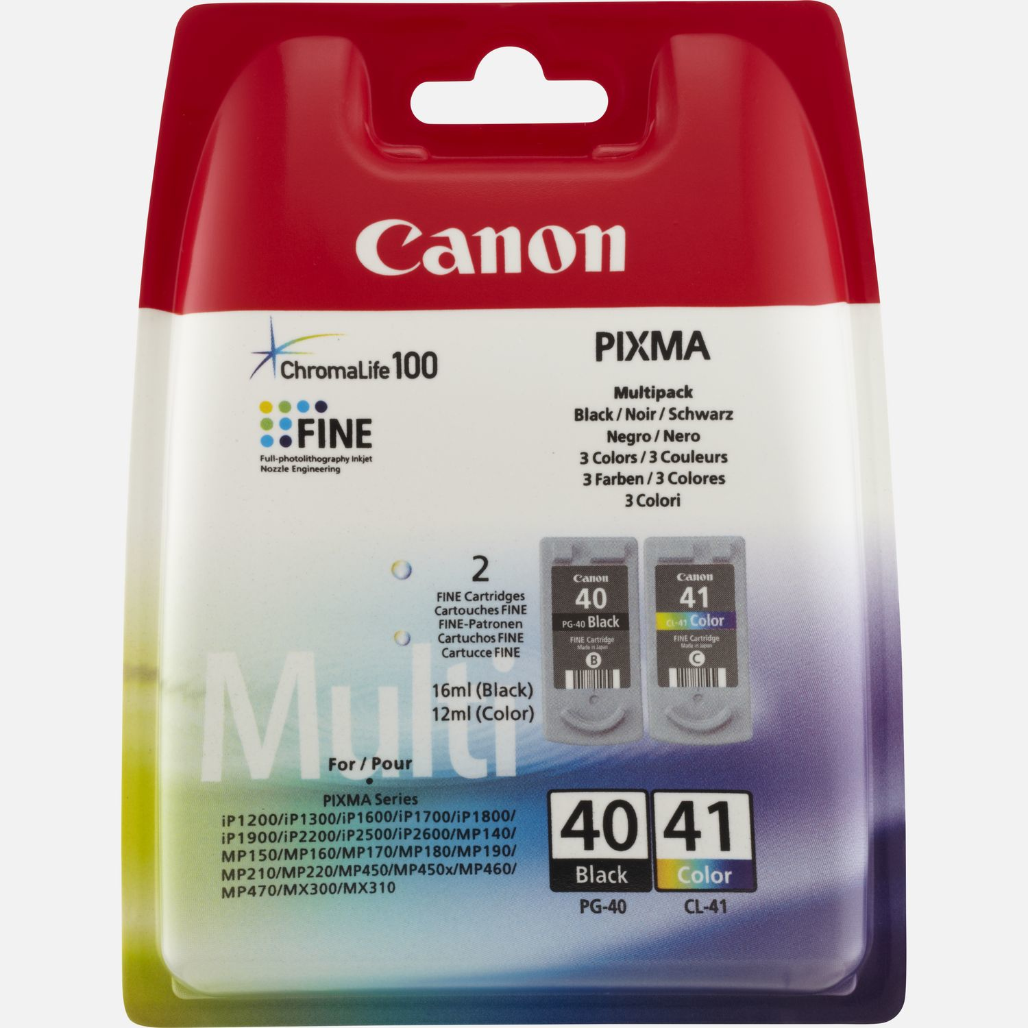 Wkłady atramentowe Canon PIXMA multipack. Dwa czarne i kolorowe wkłady w przezroczystym plastikowym opakowaniu.