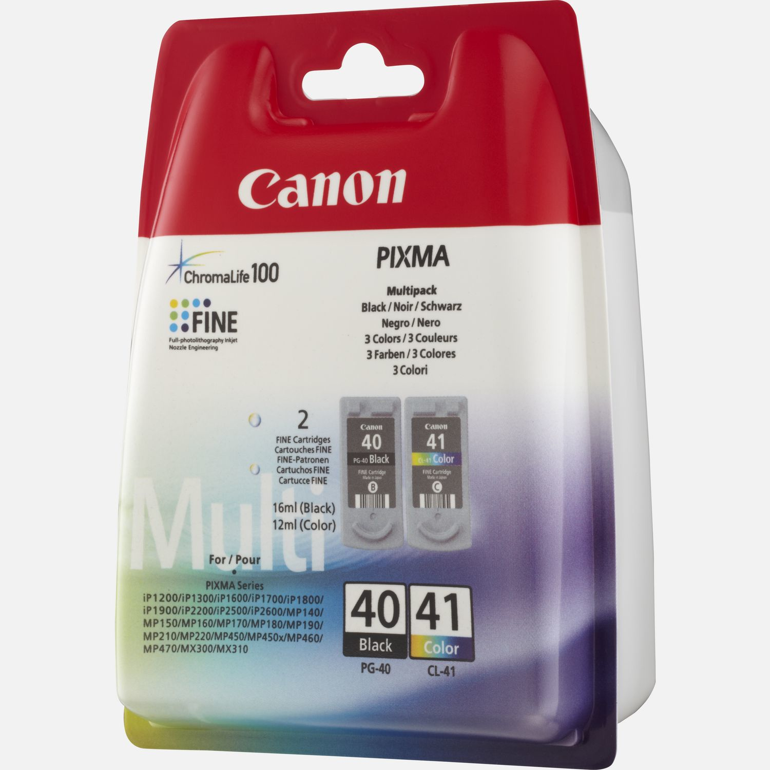 Wkłady atramentowe Canon PIXMA multipack. Dwa czarne i kolorowe wkłady w przezroczystym plastikowym opakowaniu.