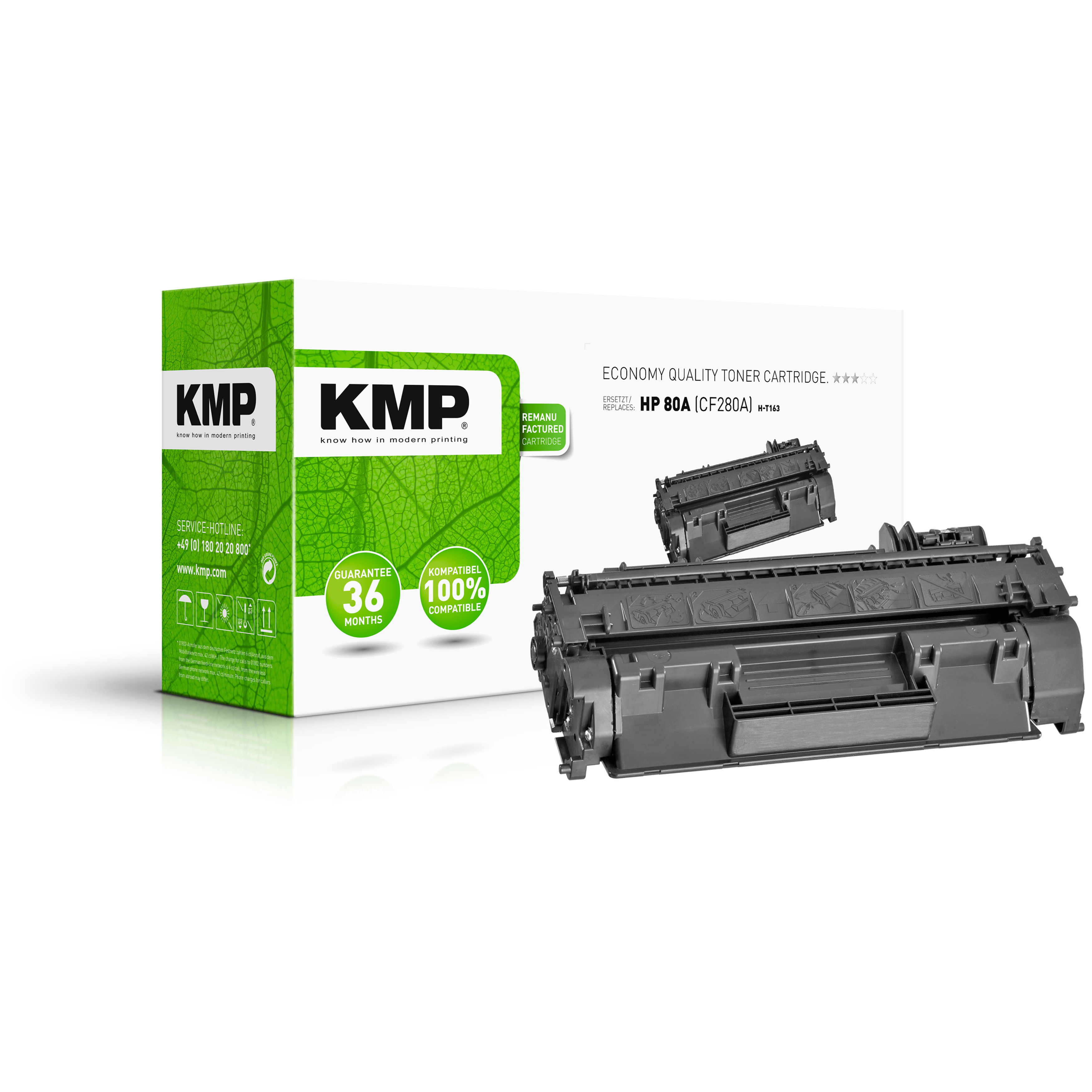 Eine weiße Box und eine schwarze Tonerkartusche auf weißem Hintergrund. Auf der Box steht 'KMP'.