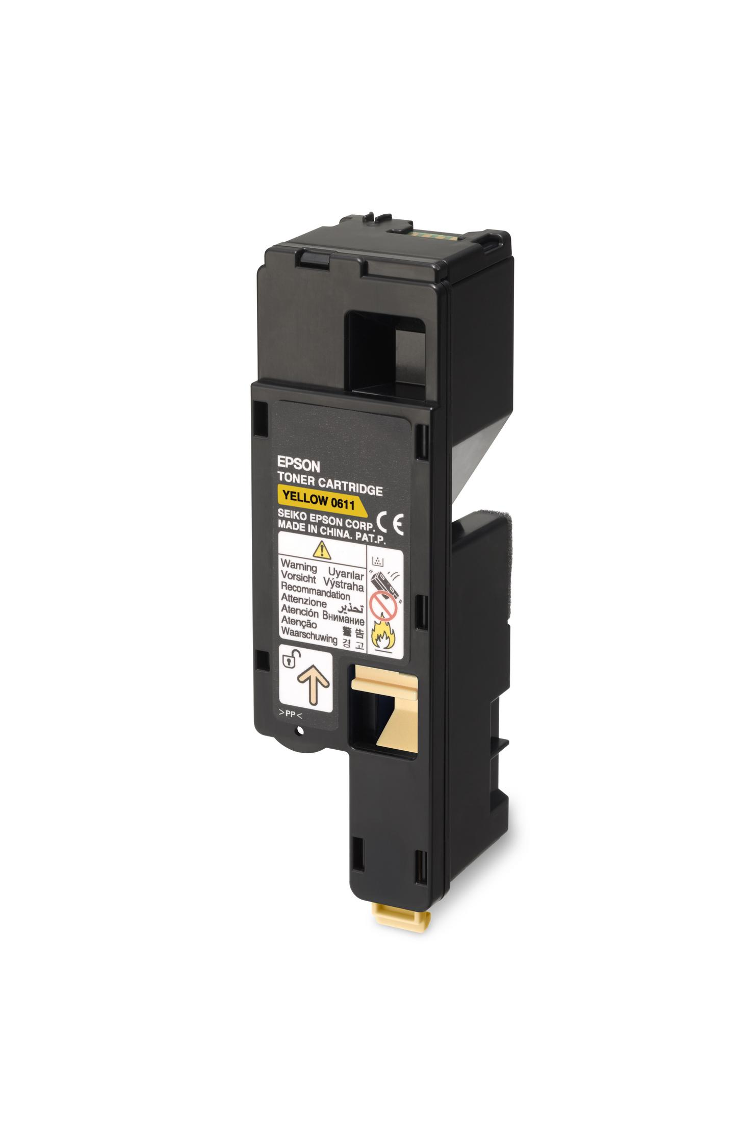 Cartuccia toner Epson gialla, nera e gialla, su sfondo bianco.