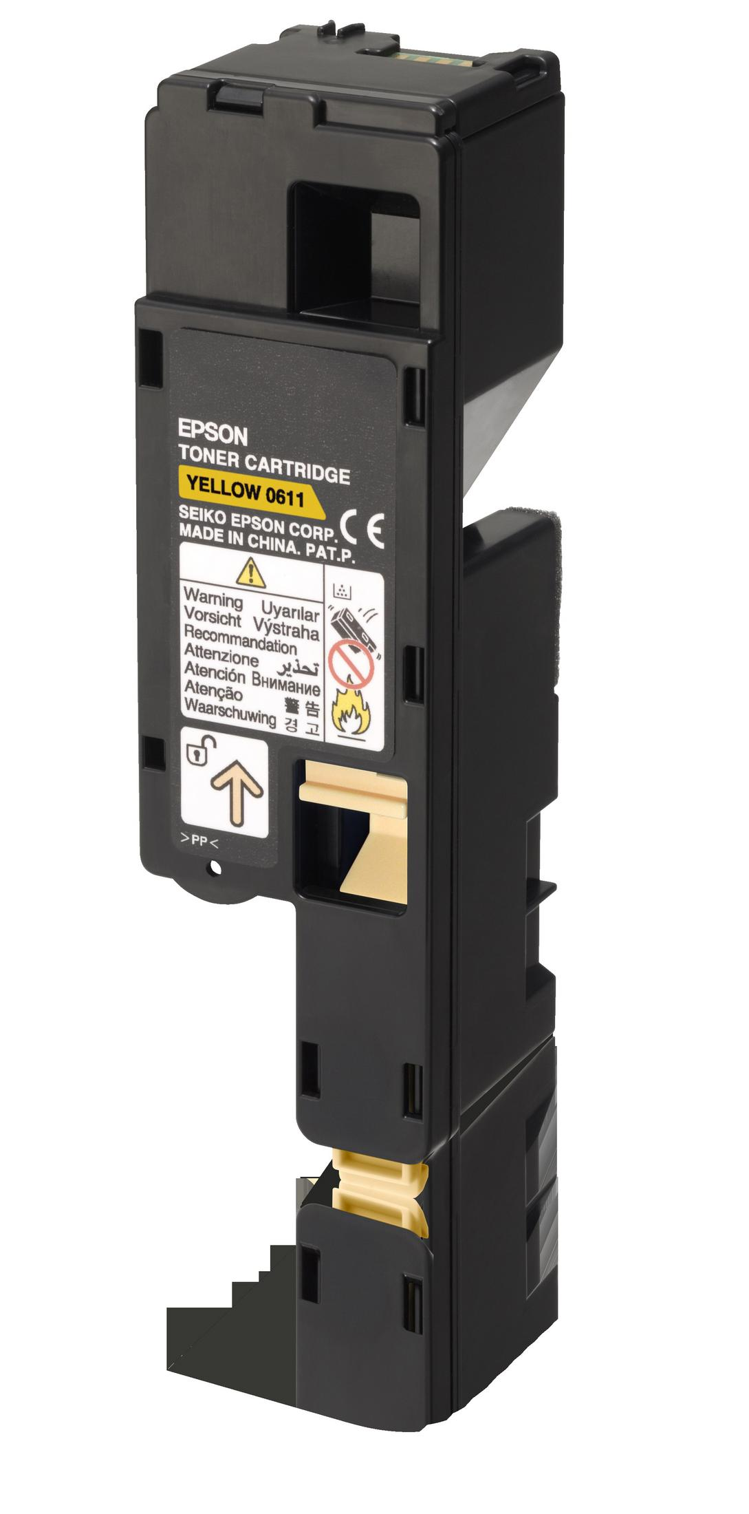 Viene mostrata una cartuccia toner Epson nera. La cartuccia è verticale con etichette di avvertimento visibili.