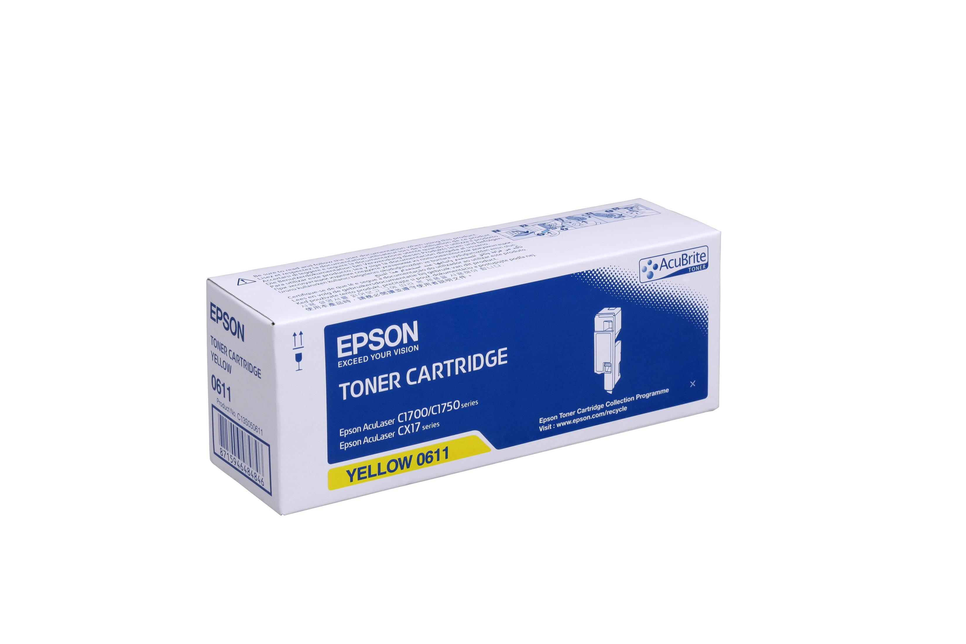 Scatola bianca con cartuccia toner EPSON, giallo 0611 e dettagli blu.