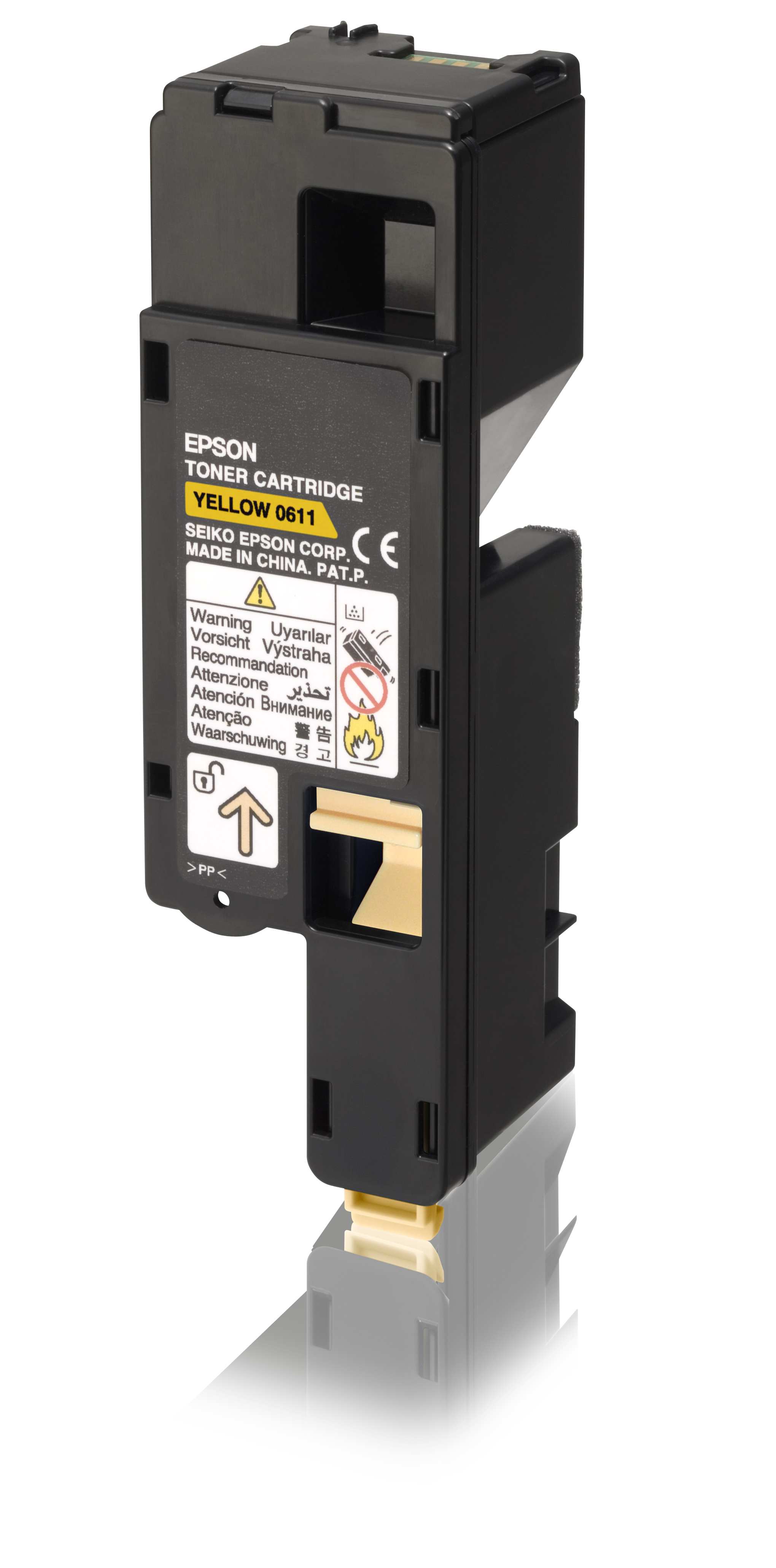 Viene mostrata una cartuccia toner Epson nera. La cartuccia è verticale con etichette di avvertimento visibili.