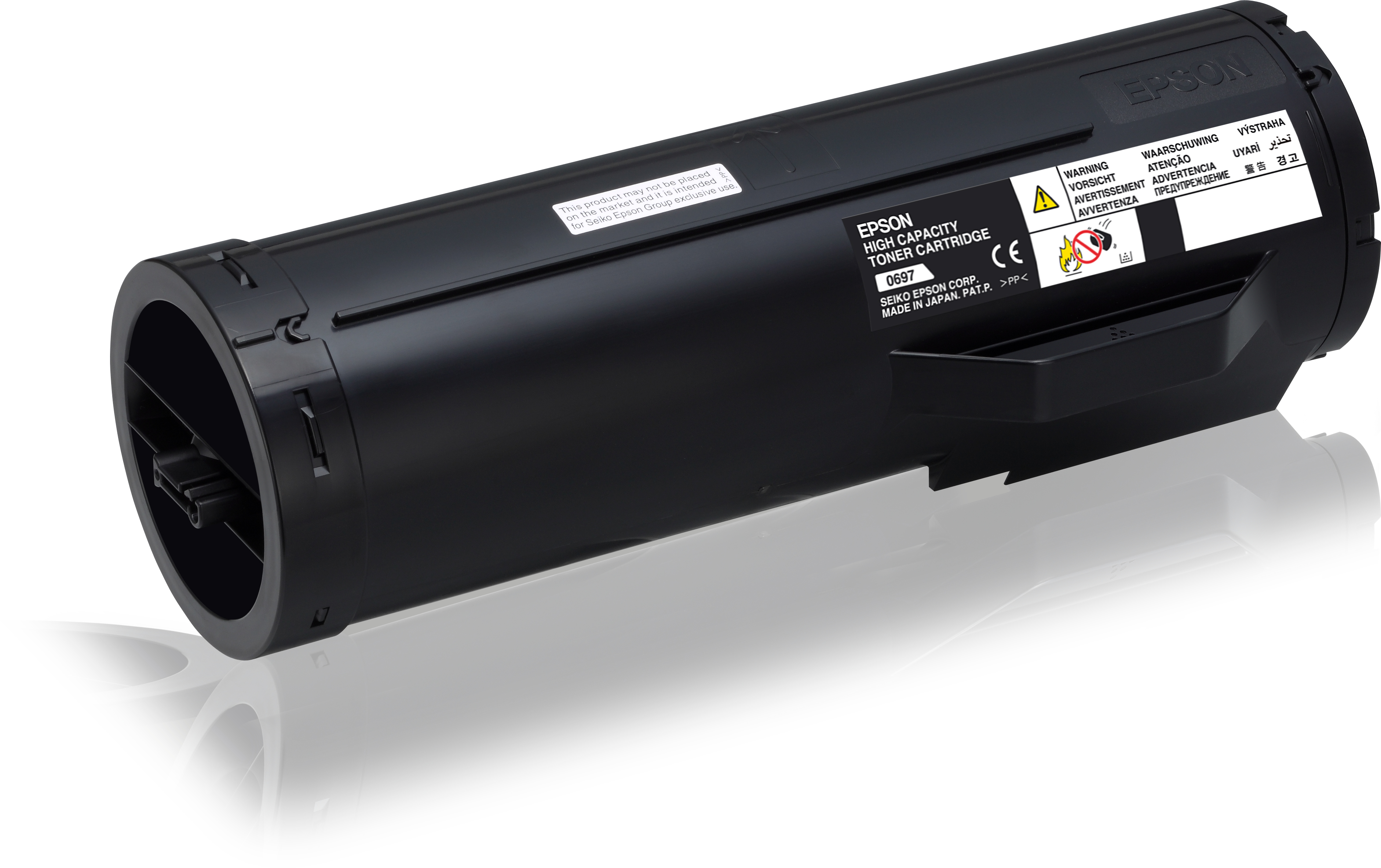 Cartuccia toner nera Epson, nero e grigio, sfondo bianco.