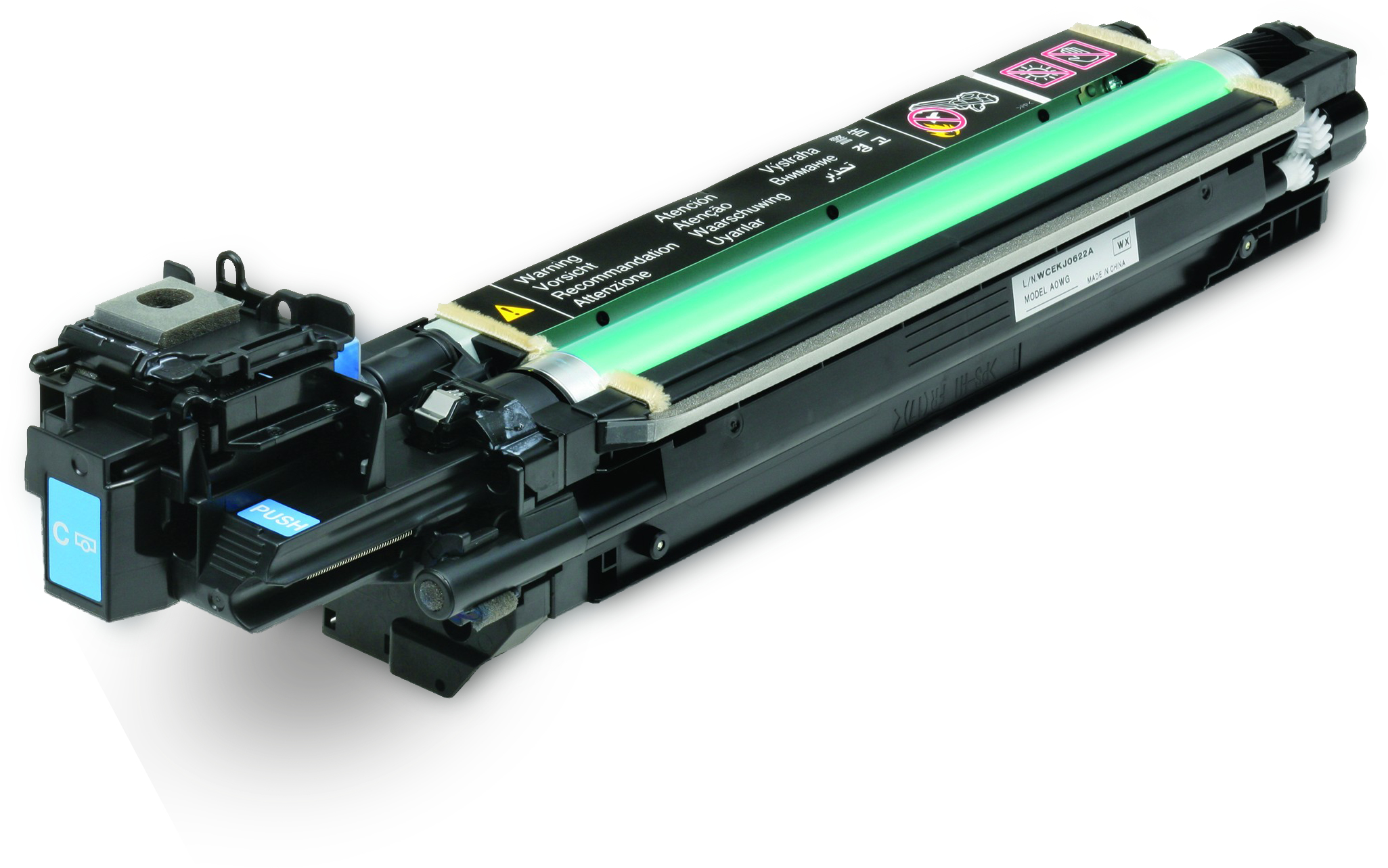 Una cartuccia toner per stampante, ciano e verde, su sfondo bianco, con etichette.