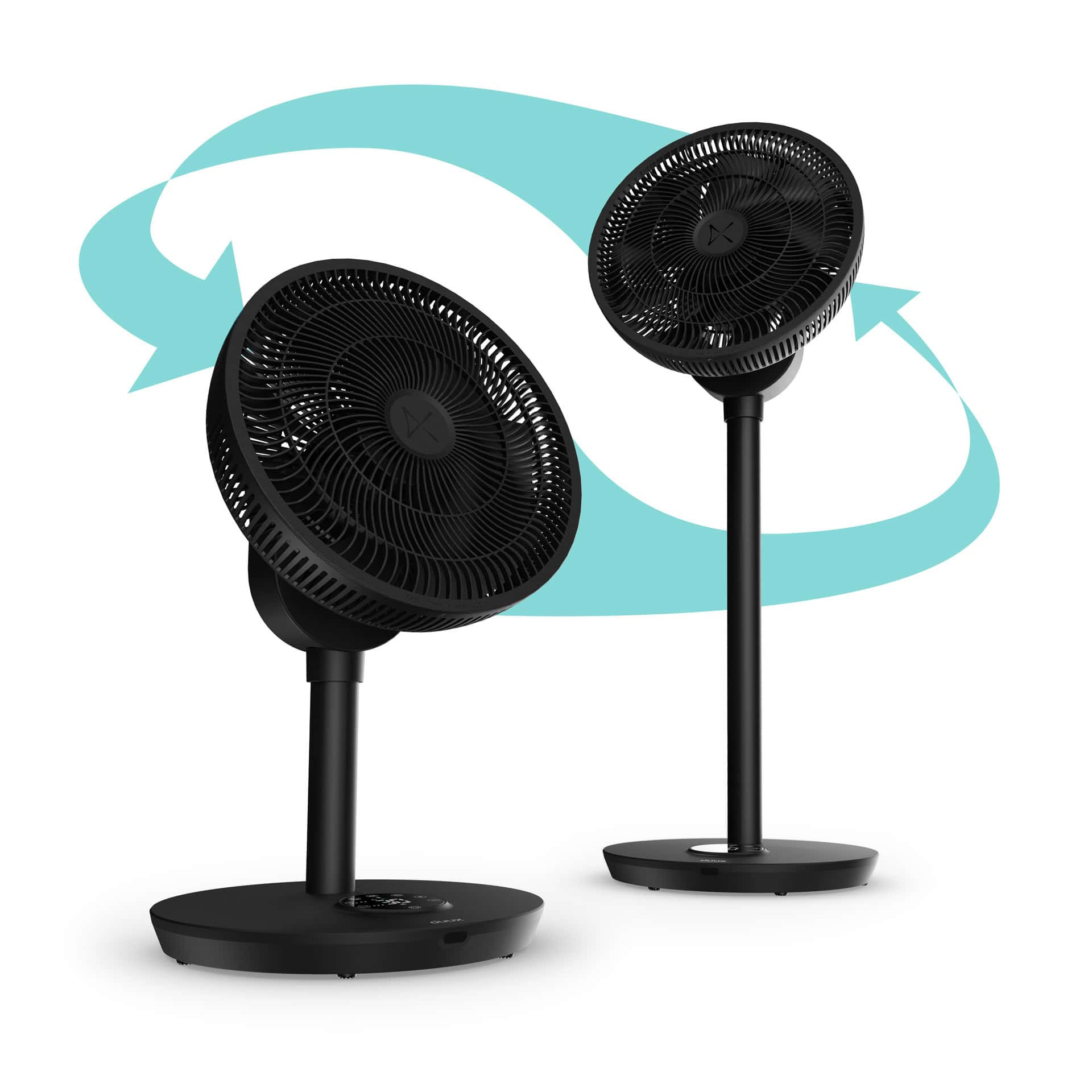 Twee zwarte ventilatoren met gebogen pijlen, die luchtcirculatie aantonen, op wit.