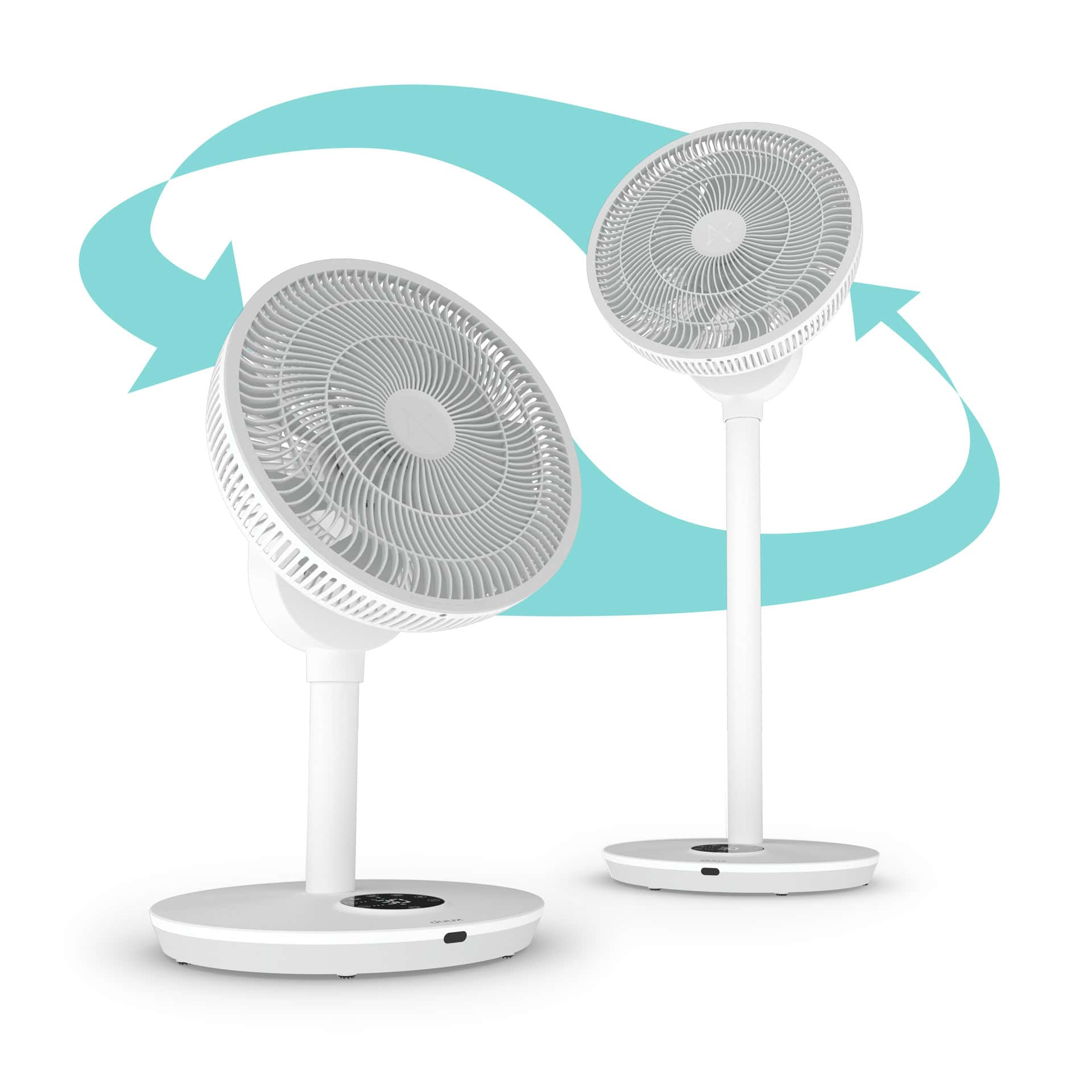 Deux ventilateurs blancs avec des flèches courbes montrant la circulation de l'air, sur blanc.