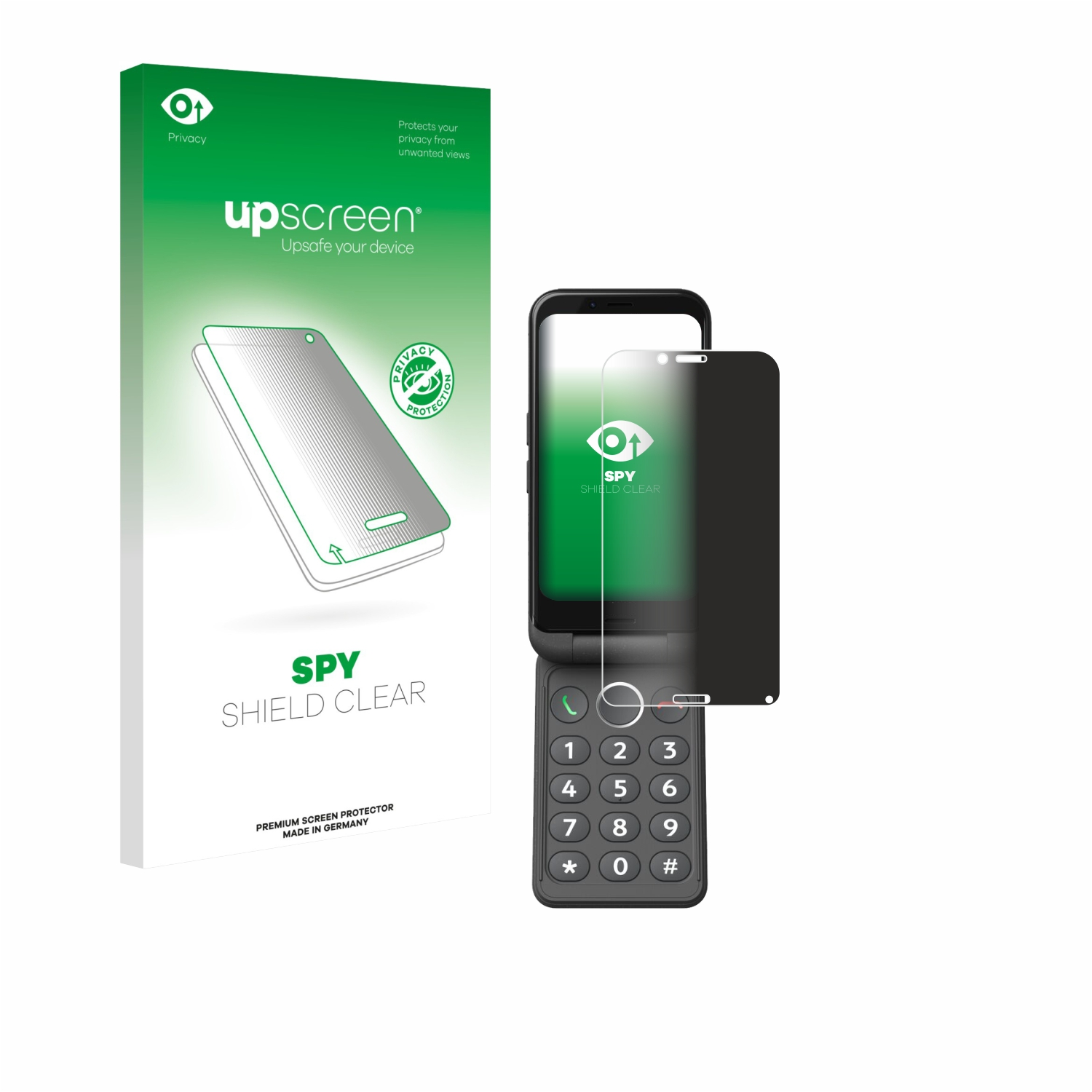 Klapphandy mit Datenschutz-Displayschutz. Enthält eine Box und eine schwarze Folie.