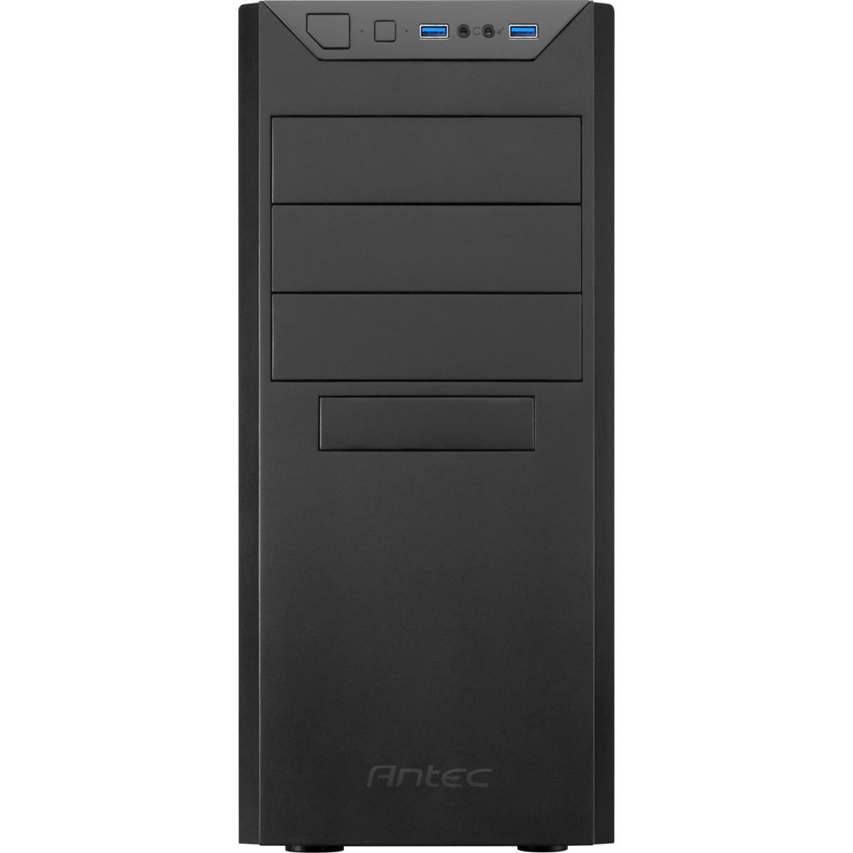 Schwarzes Antec-Computergehäuse, Vorderansicht. Verfügt über USB-Anschlüsse und Laufwerksschächte.