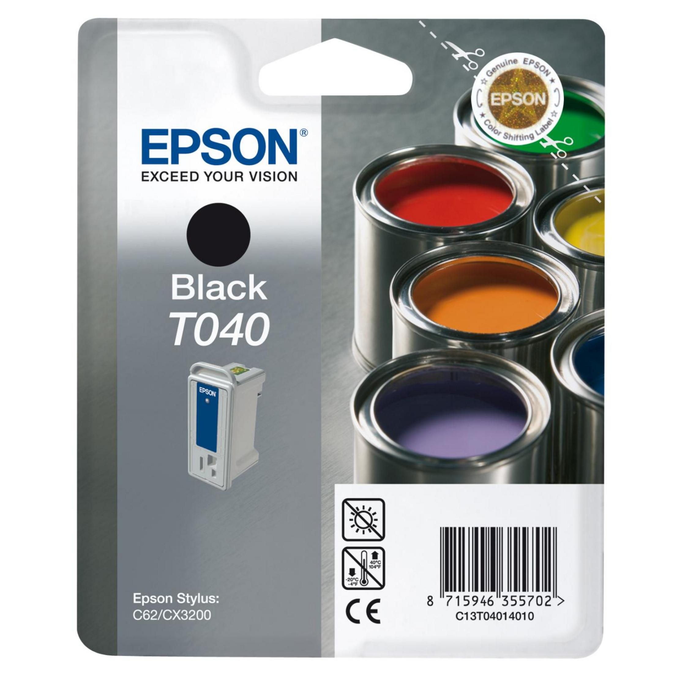Epson schwarze Tintenpatronenverpackung. Die Verpackung zeigt schwarze Tinte und verschiedene Farbdosen.