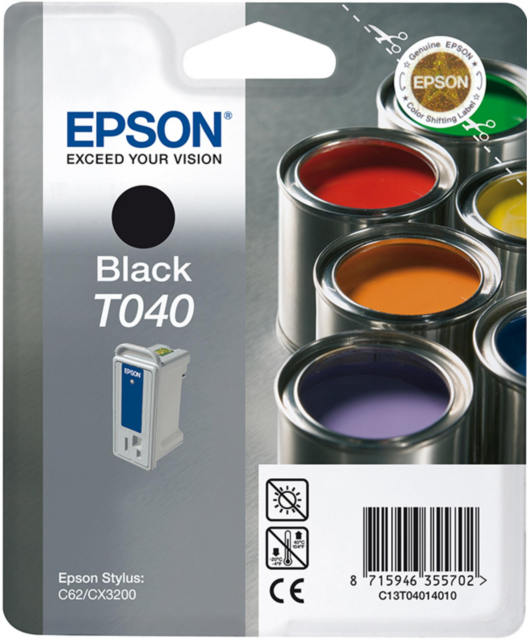 Eine schwarze Epson-Tintenpatrone und einige Farbtintenbehälter auf der Verpackung.