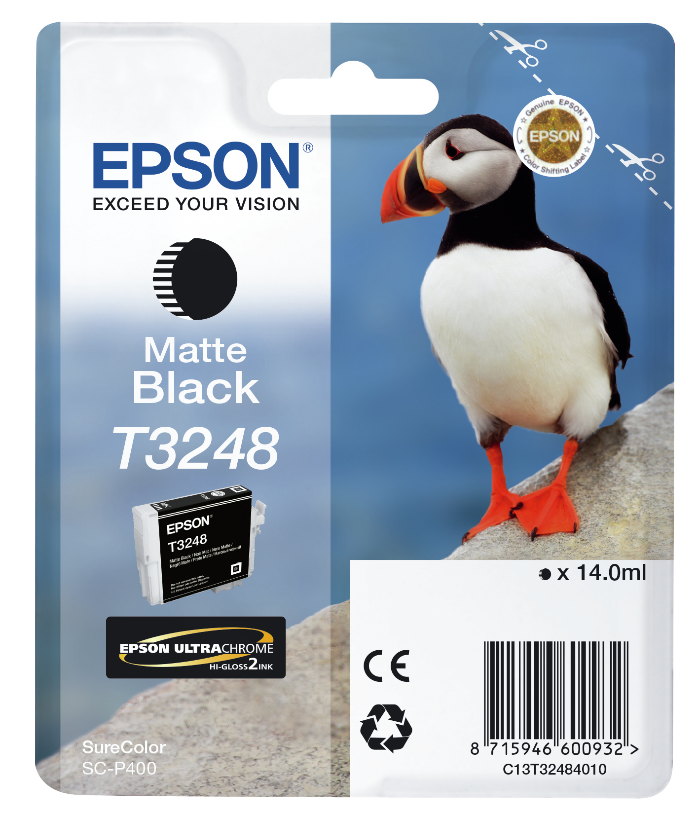 Confezione di cartucce d'inchiostro Epson con una pulcinella di mare. La confezione mostra inchiostro nero opaco.