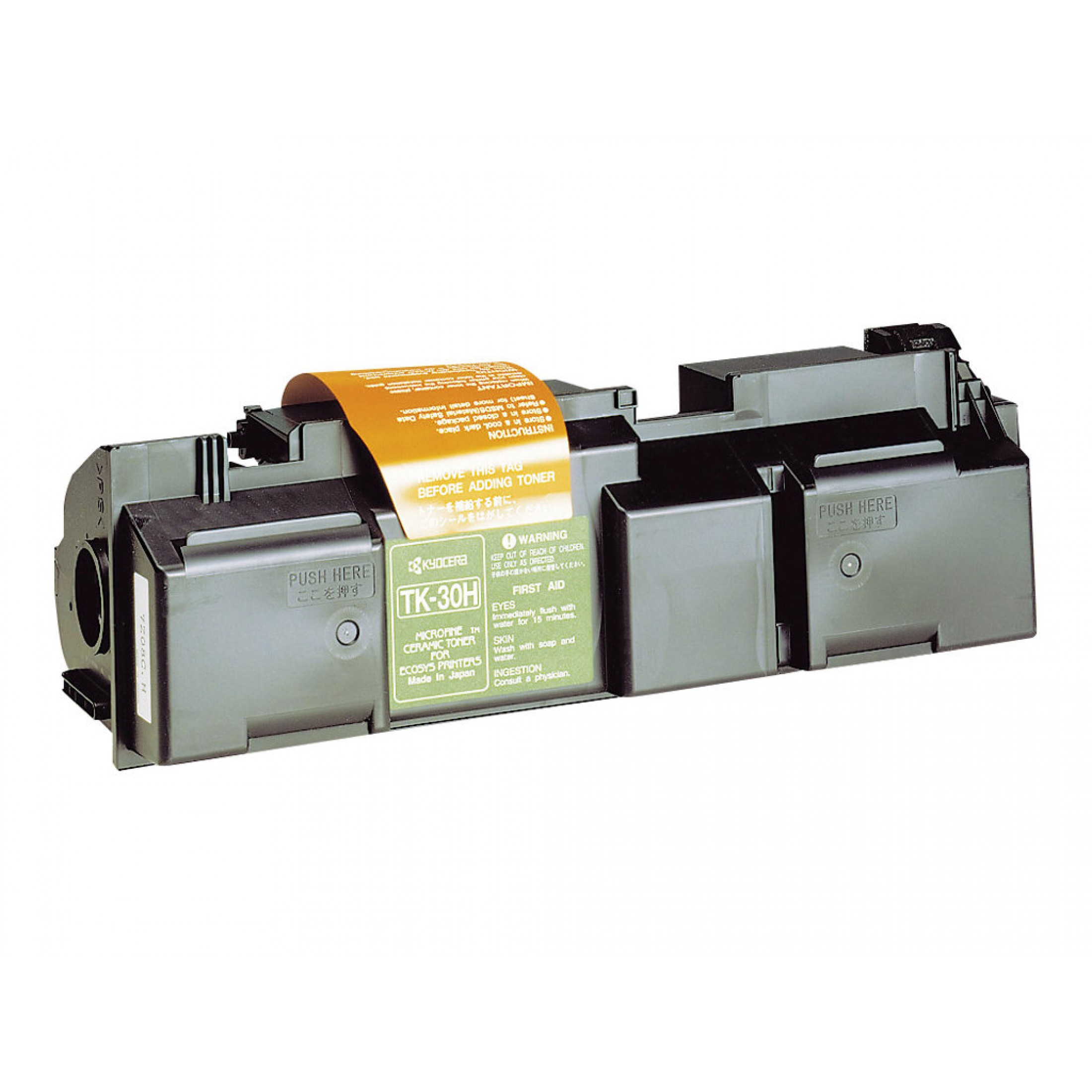 Cartuccia toner. Ha un'etichetta arancione ed è nera e grigia.