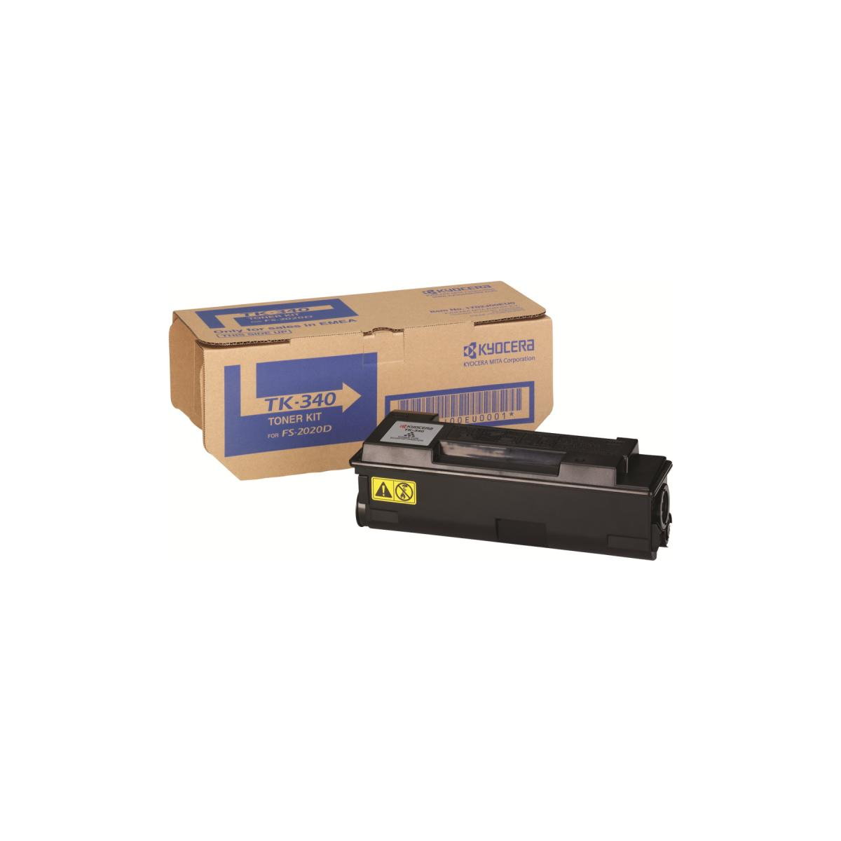 Cartuccia toner e scatola. La scatola dice TK-340 Toner Kit. La cartuccia toner è nera.