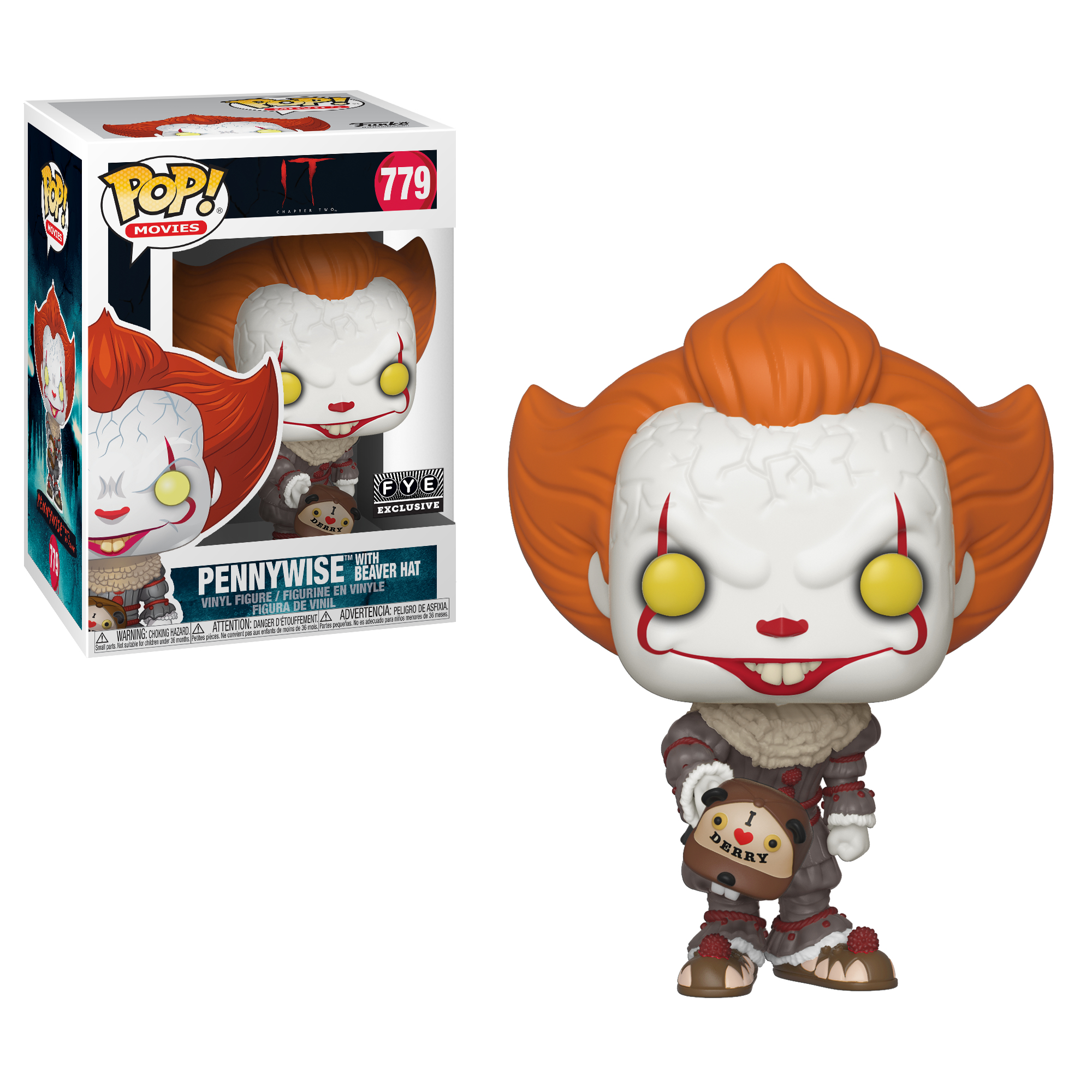 Figurka Pennywise w pudełku. Klaun z rudymi włosami i białą twarzą. Trzyma misia. Białe tło.