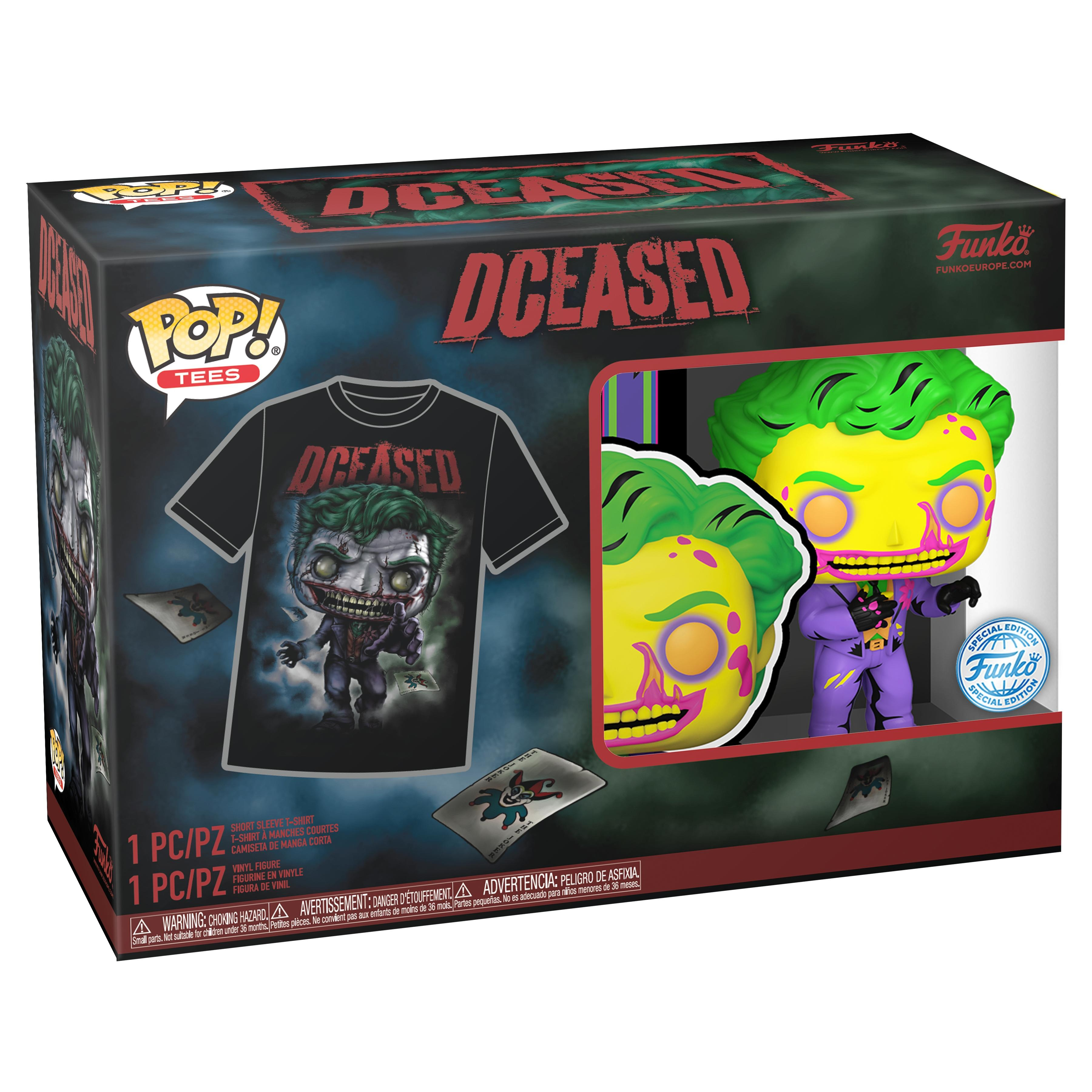 Funko Pop! Dceased Jokera z koszulką w pudełku. Joker ma zielone włosy i żółtą skórę.
