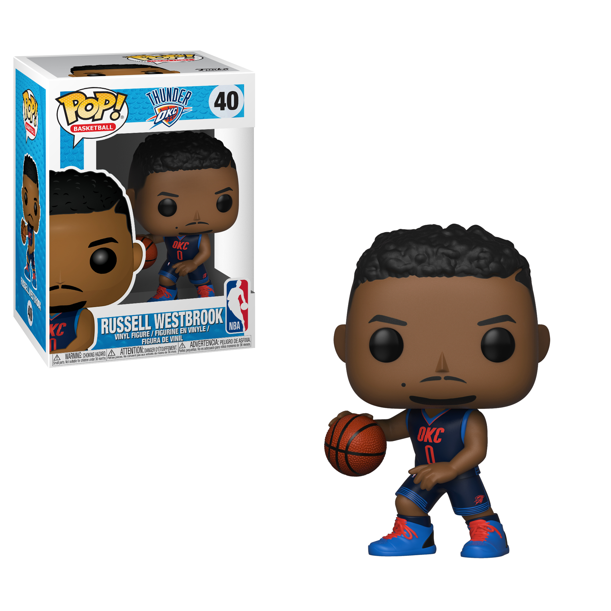 Funko Pop! di Russell Westbrook in una scatola e in piedi. Indossa una maglia blu e tiene un pallone da basket.