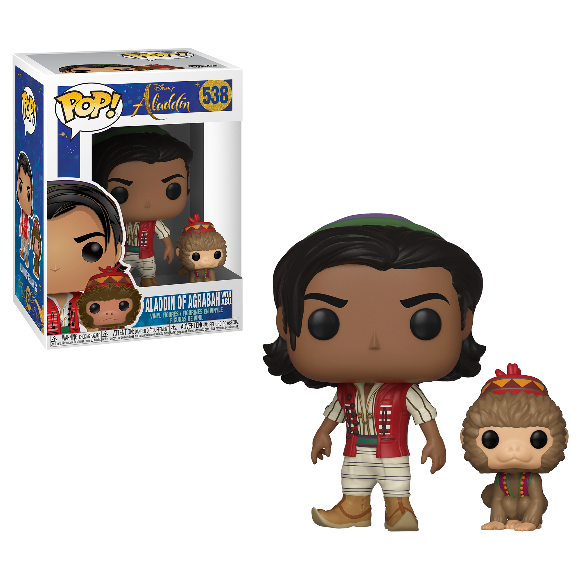 Funko Pop! di Aladdin e Abu, in una scatola. Aladdin è in rosso e bianco, e Abu è piccolo e marrone.