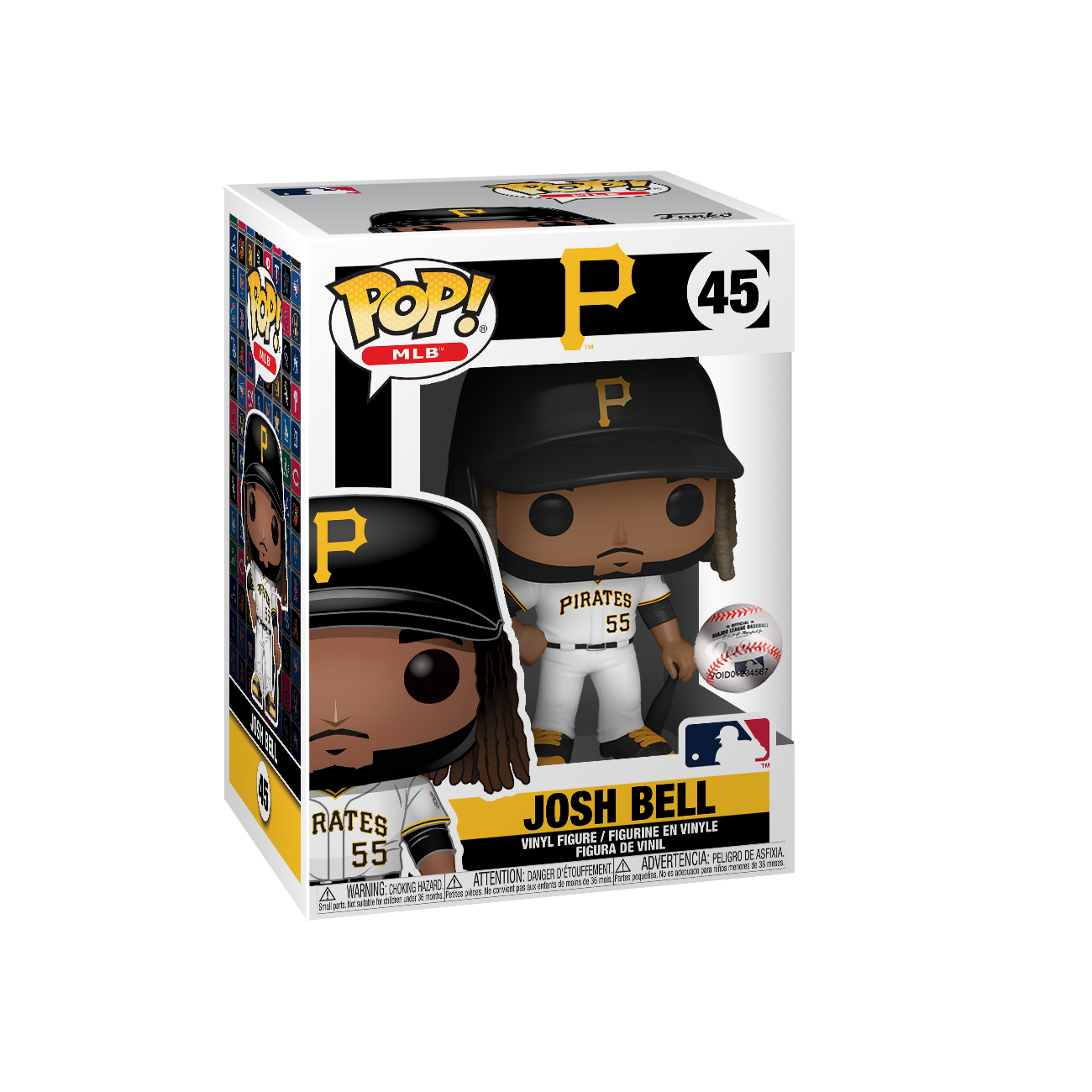 Josh Bell Baseballfigur in Pirates-Uniform, schwarze Kappe, mit Schläger, Baseballbox.