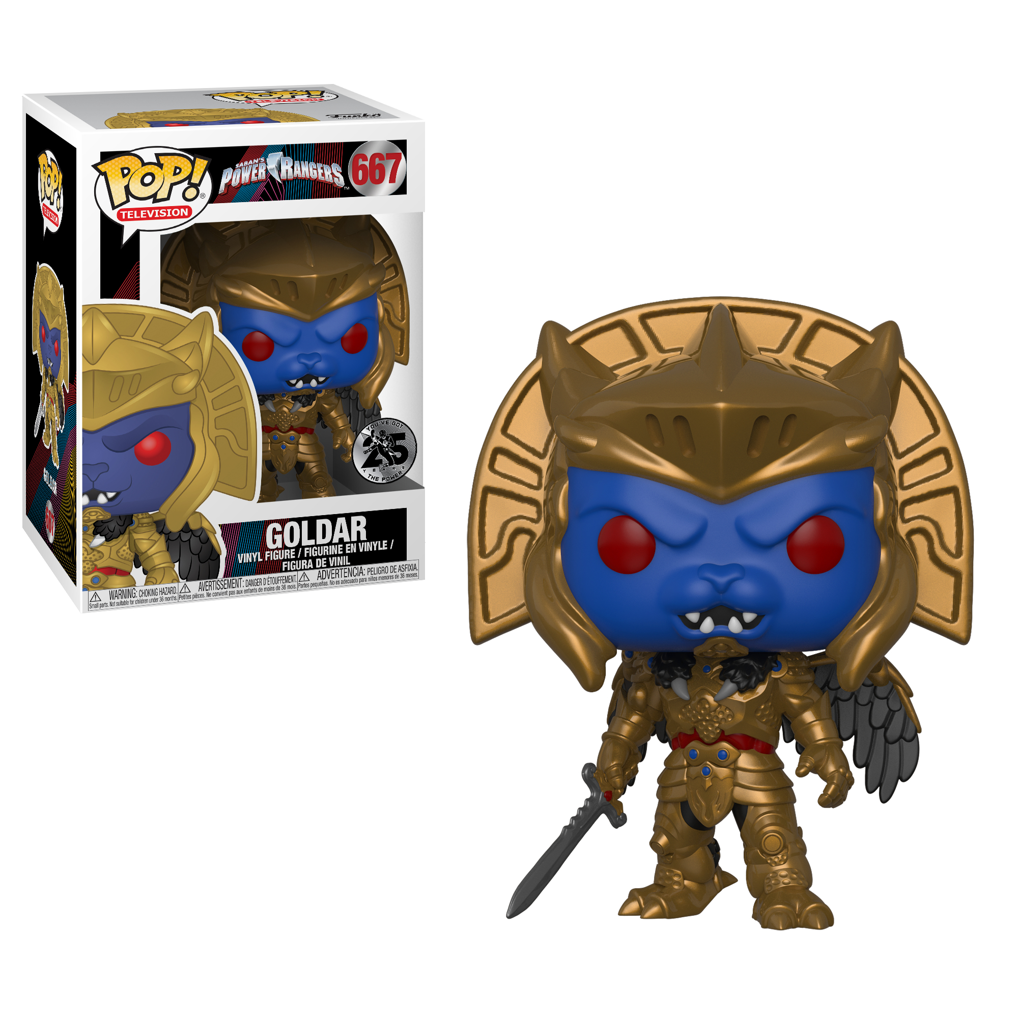 Figura Goldar Funko Pop con spada, armatura dorata e viso blu. Scatola inclusa.