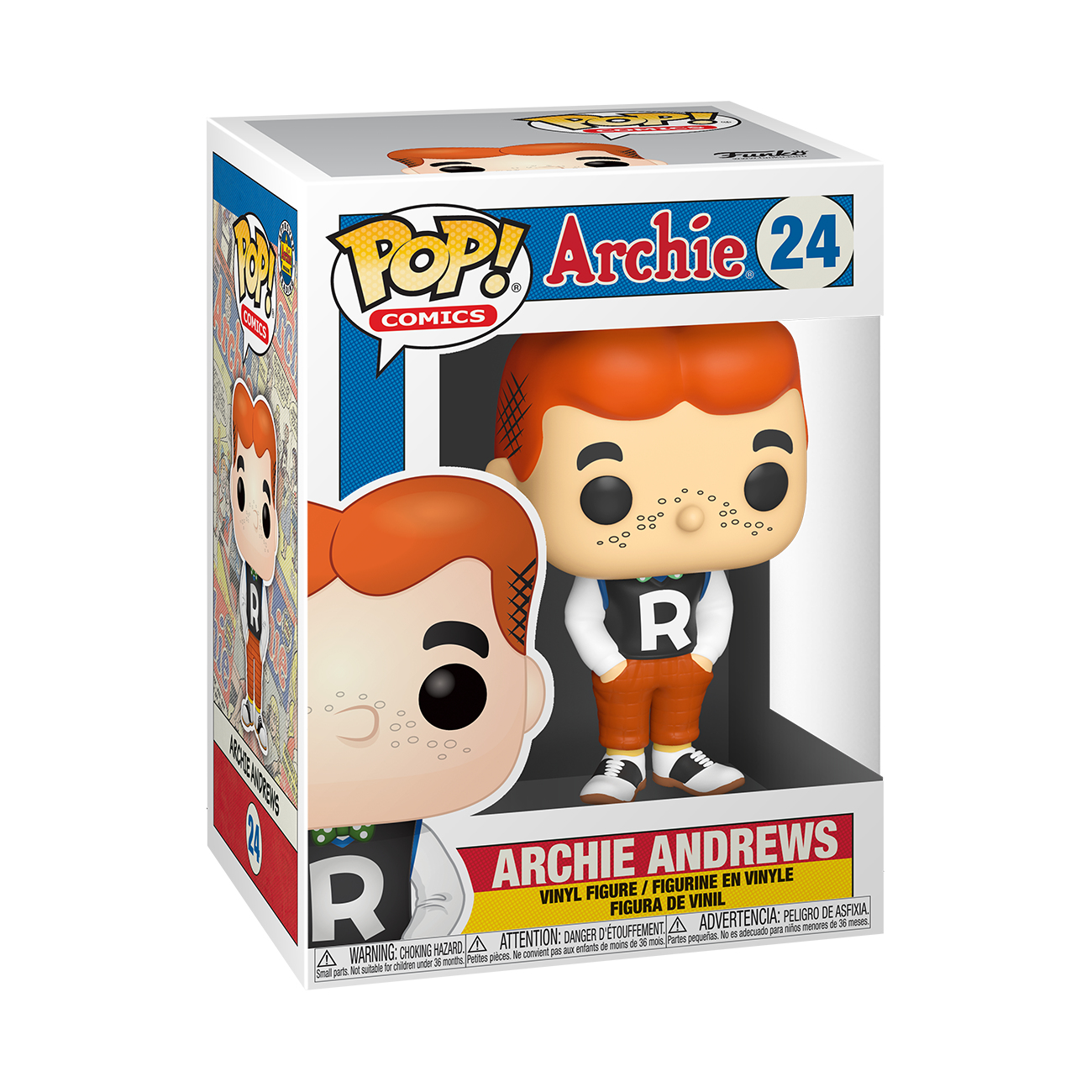 Funko Pop-Figur von Archie Andrews in einer Box. Er trägt eine orange Hose, ein schwarzes Hemd mit einem R und hat rotes Haar.