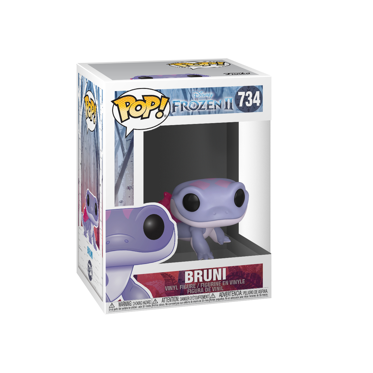 Bruni-Figur aus Frozen II in einer Box. Es ist eine lila Eidechse mit rosa Schwanz und schwarzen Augen.