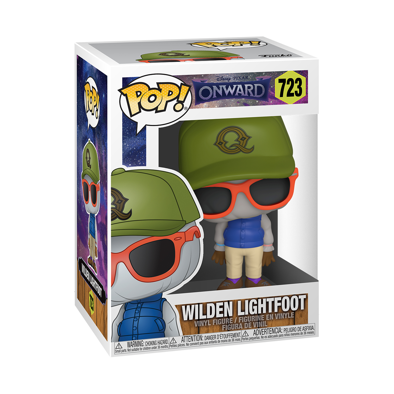 Scatola e statuetta Funko Pop di Wilden Lightfoot di Onward, con occhiali da sole e cappello.