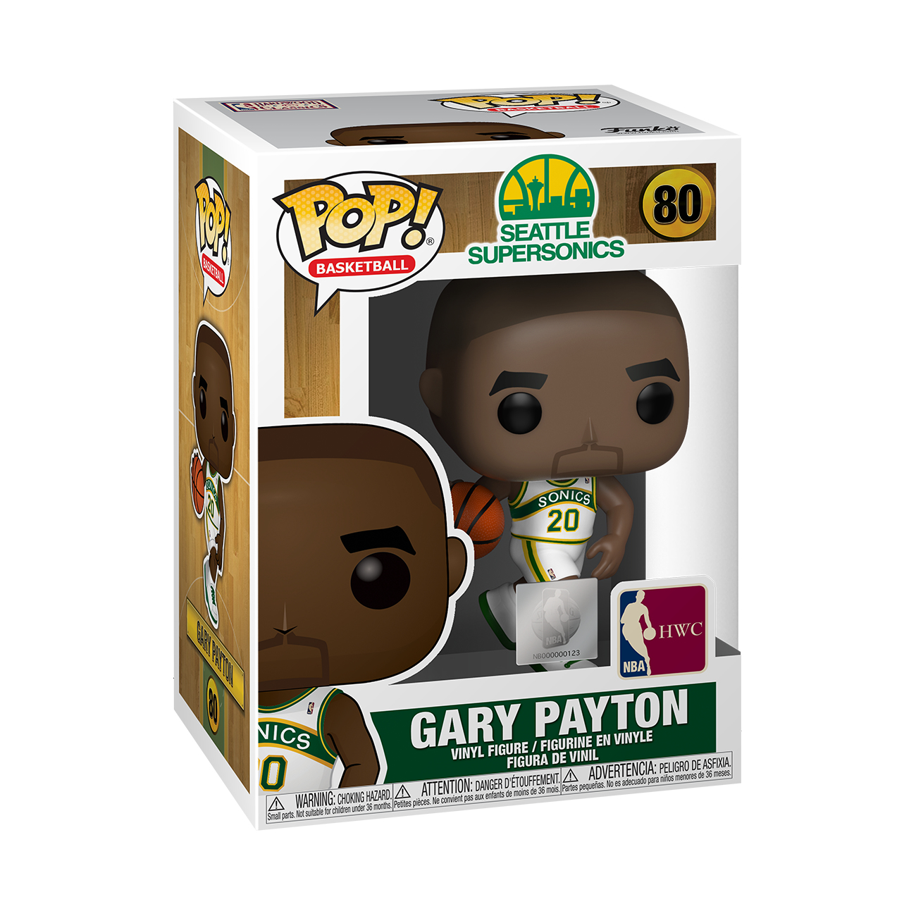 Pudełko i figurka Funko Pop Gary'ego Paytona w koszulce Sonics z piłką do koszykówki.