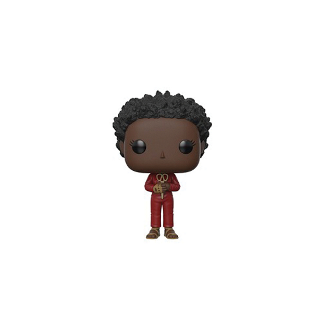 Funko Pop Figur einer Person in rotem Overall mit Schlüsseln, auf weißer Oberfläche.