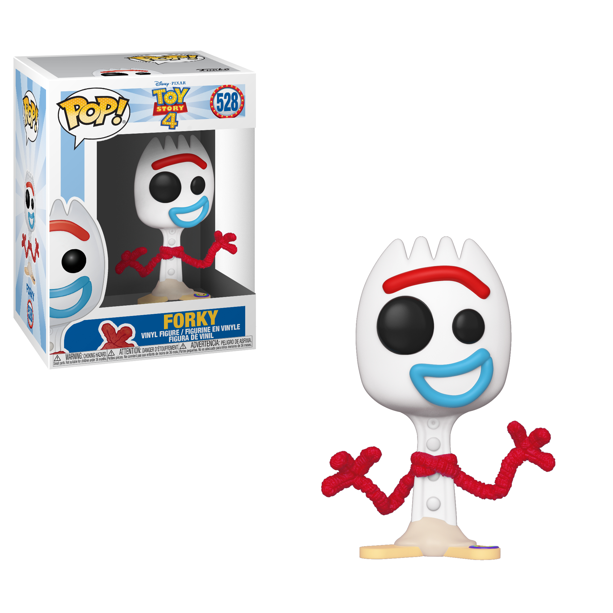 Personaggio di Forky di Toy Story 4 in una scatola. Forky è bianco con braccia rosse e bocca blu. Sfondo bianco.