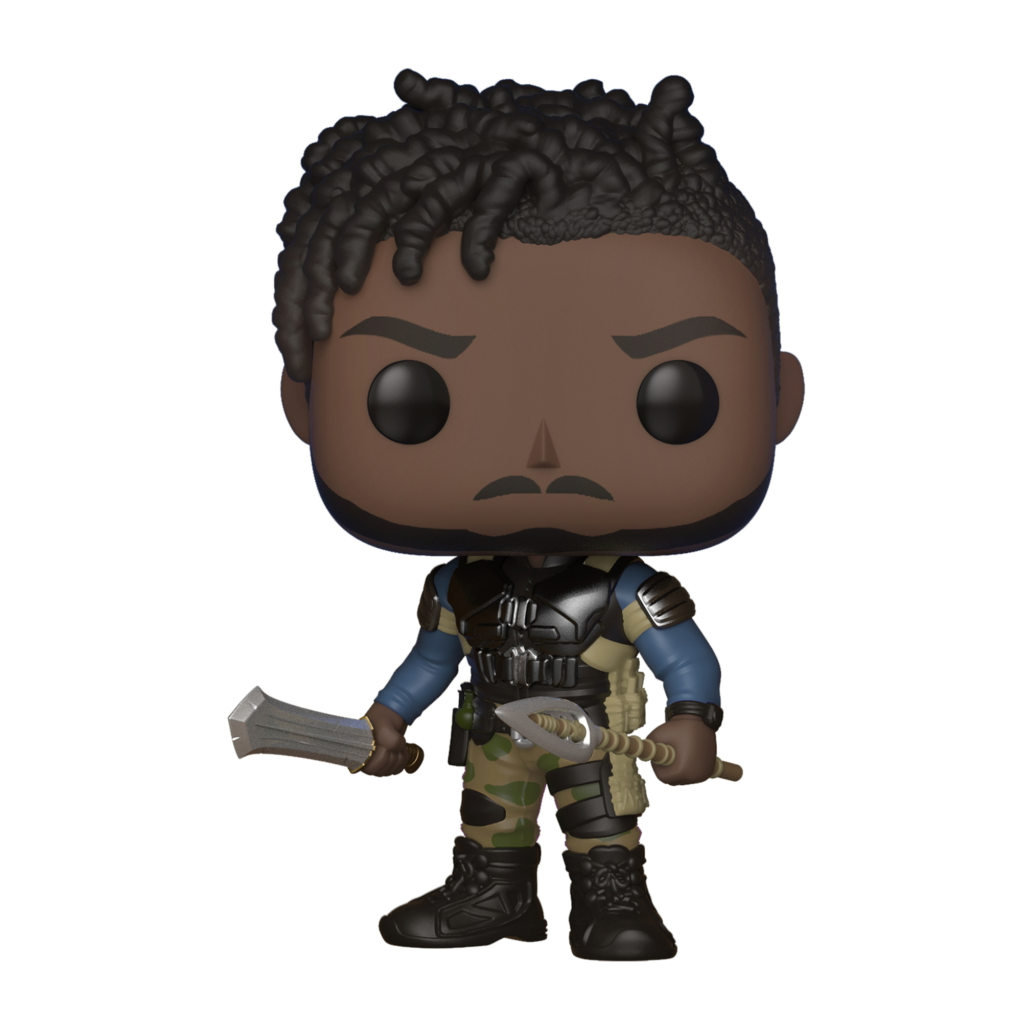 Erik Killmonger Black Panther Funko Pop. Tiene due armi e indossa un'armatura da battaglia.