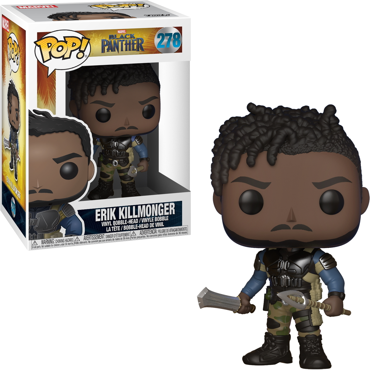 Figura Funko Pop di Erik Killmonger di Black Panther dentro e fuori dalla scatola.